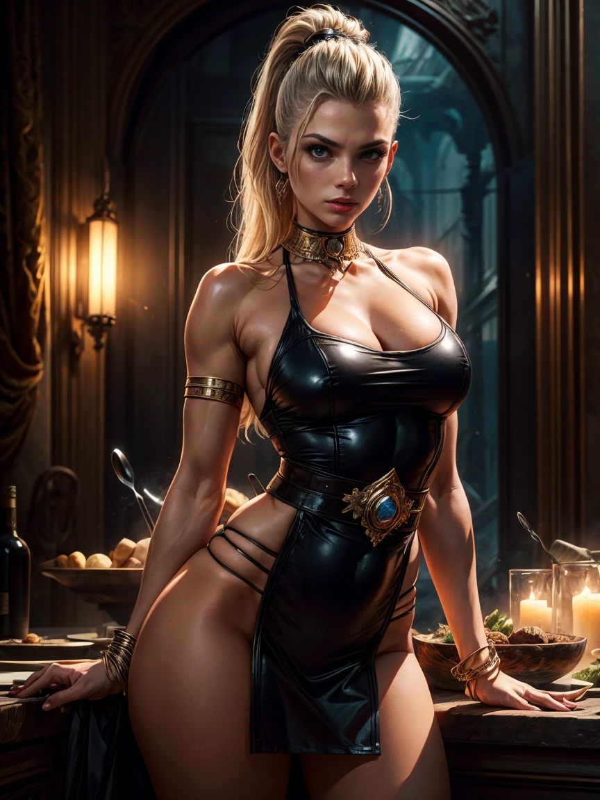 (((femme))), (((best quality))), (((chef-d'artwork))), (((adulte))), ((( Vision partir de la taille ))), Une femme guerrière gladiatrice Barbara blonde, 30 years with an athletic body, post-apocalypse, armure moderna, capot, Symboles demi-lune et étoiles dorées sur les vêtements, Symboles arabes, beaucoup de bijoux, (((seul))), (((1fille))) , Gladiateurs de Brooklyn, presque nue dans le style urbain sauvage de Simon Bisley pour la couverture du magazine Heavy Metal, Cheveux mohawks, pose sensuelle, culotte en cuir, , Minimum clothing, motif arabesque noir et rouge, armure, plein de pointes et d'étoiles, (((partir de la taille))), cheveux mohawk avec petites tresses, explosion de couleurs, Wowdk, Coup de cuisse