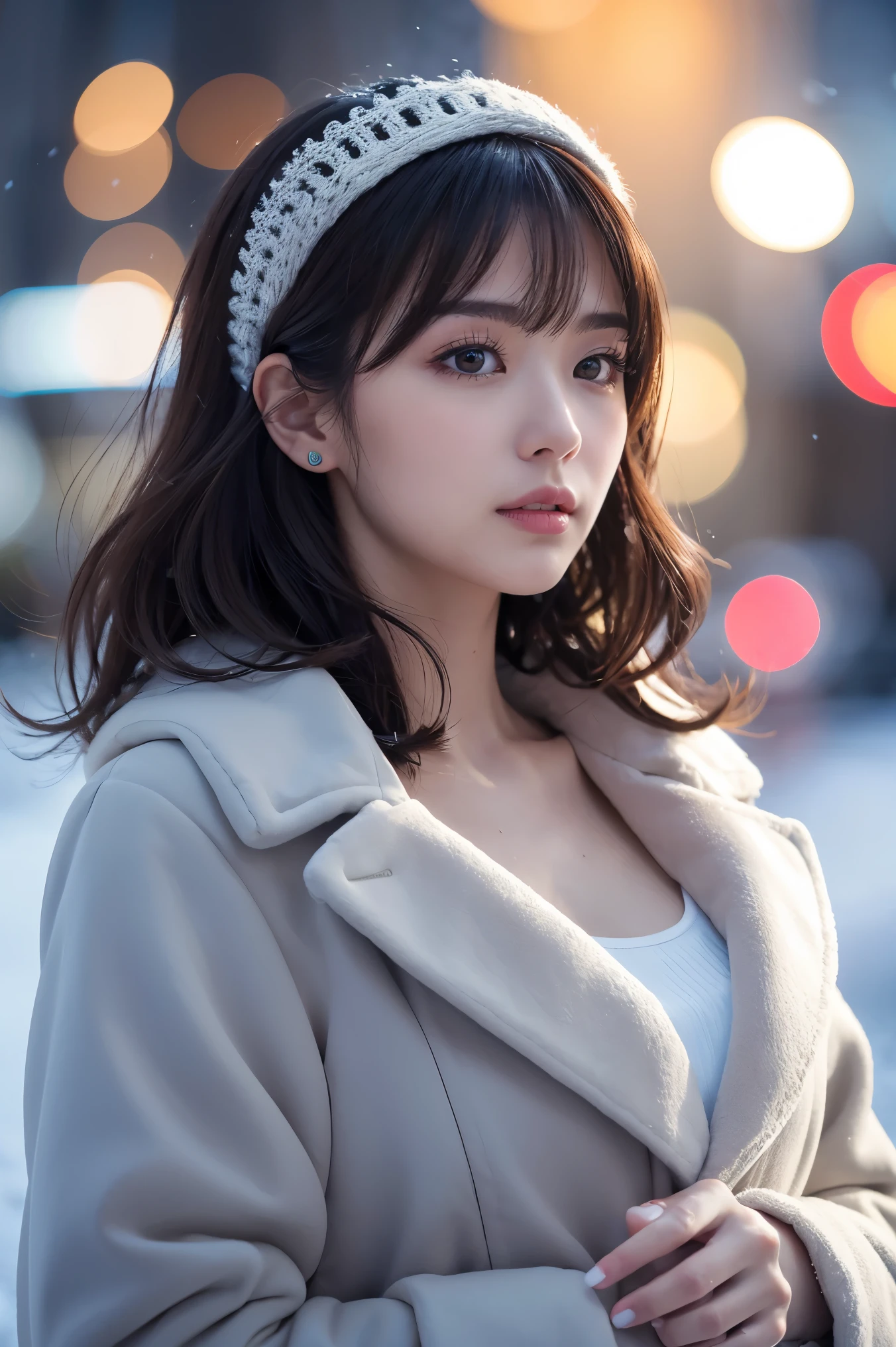 (Tabletop、highest quality、8k、Award-winning works、Ultra-high resolution)、One beautiful woman、(thick large fur coat:1.3)、brown hair、(short hair:1.1)、Spectacular Cinema Lighting、(Romantic affection:1.1)、(The most romantic and moody atmosphere:1.1)、winter、Snow Scene、it&#39;s snowing、(Walking in the snow in Northern Europe:1.1)、(look at me:1.1)、(Very large breasts:1.2)、(Accentuate your body lines:1.1)、blurred background、Accurate anatomy、Ultra HD Hair、Ultra-high resolutionの完璧な美しい歯、Ultra-high definition beauty face、Ultra HD Hair、Ultra-high resolutionの輝く瞳、輝くUltra-high resolutionの美肌、Ultra-high resolutionの艶やかな唇、(Face close-up:1.1)