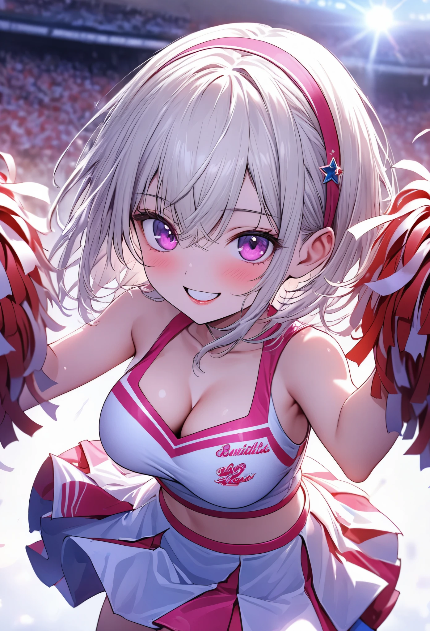 (masterpiece:1.3), (8k、highest quality:1.4), (Best image quality, Intricate details, High resolution, Depth Field, Natural light, Professional Lighting), (1 girl), (alone), (Asian Girl, Very beautiful 18 year old manga girl), (Very beautiful woman、A charming beautiful woman, 美しい銀髪のBobcut, 強い青いeye, 強いeyeのハイライト, Very large breasts, Perfect Anatomy, Dynamic Lighting, Lip gloss), A beautiful face with perfect symmetry, Beautiful detailed woman, Very beautiful detailed face, とても美しい詳細なeye, Smile at the audience, Smiling very happily, Beautiful Teeth, Beautiful Teeth alignment, Very detailed, Very detailed, Beautiful Teeth, Beautiful Teeth alignment, Very detailed, Very detailed, ((Detailed cheerleader:1.2)), The light shines on your face, ((Dynamic pose)), Bobcut, Crossed bangs, Asymmetrical bangs, Long neck, Show me your ears, Vanish'eye, eyelash, cute, Very large breasts、Very beautiful and big, very beautiful breast shape, Beautiful cleavage, Tall Supermodels, Long-legged supermodel, Supermodel dressed as a cheerleader, Strike a Pose, Dressed as a cheerleader, Woman close up, To the camera, Laughter, (Cheerleader Outfits), ((head band, Sleeveless shirt with open chest, flare skirt, mini skirt)), A young and slender gravure idol, Young Gravure Idol, Young Gravure Idol, Stadium background in the daytime