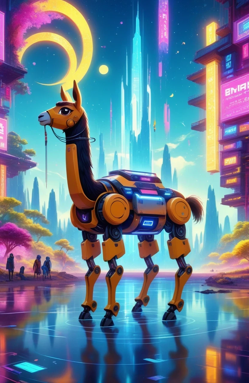 (Astronomy night sky, exotic landscape, extraordinary and detachment, science fiction, llama-shaped robot with advanced technology), (Best quality, 4K, high resolution), (Futuristic lighting, neon colors), cyberpunk-inspired brightness gradients, highly detailed robot features, metal gloss and reflection, neon signs and holographic projections, abstract and geometric structures, electronic enhancement, advanced machinery and technology.