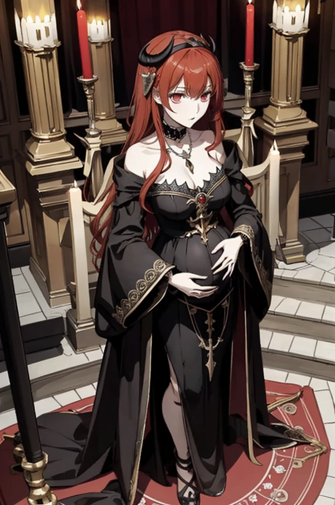 ((highest quality)), ((masterpiece)), (be familiar with), Perfect Face、The Enchanting Body of Celica（FE）、Red hair、The perfect proportions、semi-long、necklace、Bangles、Caster wheel、Circlet、Luxury Accessories、first round、Fallen into evil、、Blank look、Engagement Rings、Hollow Eyes、Ritual of Summoning Demons、Dark Room、Red magic circle on the floor、Mass skeletonsの燭台と蝋燭、darkness、Black sheets、Devil's Altar、Suspicious rituals、A large number of skull objects、Big magic circle on the floor、Skeleton Candelabra、Luxury Jewelry、Be baptized by the devil、Skeleton Crown、black large gemstone pendant、empty eyes、Apathy、Expressionless、Black priestly uniform、devil&#39;s priest、believer in demons、dark priest、Black religious clothing、Richly decorated priestly vestments、Black clothes、Black Veil、Devil's Ornaments、Devil&#39;s Accessories、Temple of the Devil、Baphomet&#39;s Servant、Standing in front of the altar、Big devil statue、Black interior、Big devil statueに祈りを捧げる、Large goat-headed devil statue、Big Baphomet statue、Skeleton Crown、Body and soul become demons、Skeleton Demon、Skeleton Demon Priest Celica、Mass skeletons、Wearing a skeleton、pregnancy、Last month of pregnancy