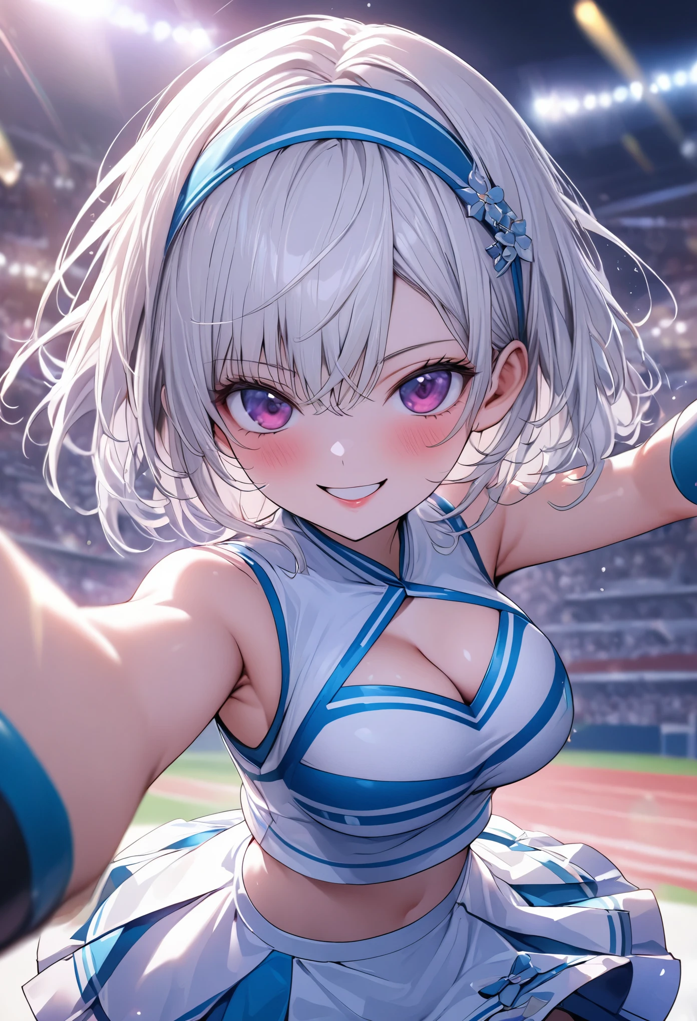 (masterpiece:1.3), (8k、highest quality:1.4), (Best image quality, Intricate details, High resolution, Depth Field, Natural light, Professional Lighting), (1 girl), (alone), (Asian Girl, Very beautiful 18 year old manga girl), (Very beautiful woman、A charming beautiful woman, 美しい銀髪のBobcut, 強い青いeye, 強いeyeのハイライト, Very large breasts, Perfect Anatomy, Dynamic Lighting, Lip gloss), A beautiful face with perfect symmetry, Beautiful detailed woman, Very beautiful detailed face, とても美しい詳細なeye, Smile at the audience, Smiling very happily, Beautiful Teeth, Beautiful Teeth alignment, Very detailed, Very detailed, Beautiful Teeth, Beautiful Teeth alignment, Very detailed, Very detailed, ((Detailed cheerleader:1.2)), The light shines on your face, ((Dynamic pose)), Bobcut, Crossed bangs, Asymmetrical bangs, Long neck, Show me your ears, Vanish'eye, eyelash, cute, Very large breasts、Very beautiful and big, very beautiful breast shape, Beautiful cleavage, Tall Supermodels, Long-legged supermodel, Supermodel dressed as a cheerleader, Strike a Pose, Dressed as a cheerleader, Woman close up, To the camera, Laughter, (Cheerleader Outfits), ((head band, Sleeveless shirt with open chest, flare skirt, mini skirt)), A young and slender gravure idol, Young Gravure Idol, Young Gravure Idol, Stadium background in the daytime