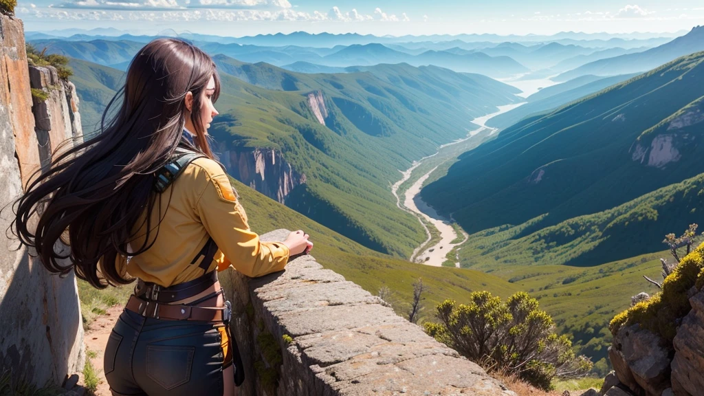 1 mulher olhando para o horizonte com montanhas com bastante flora, do alto de uma montanha, facing away from the camera, em um dia ensolarado, camera is very far from the woman
