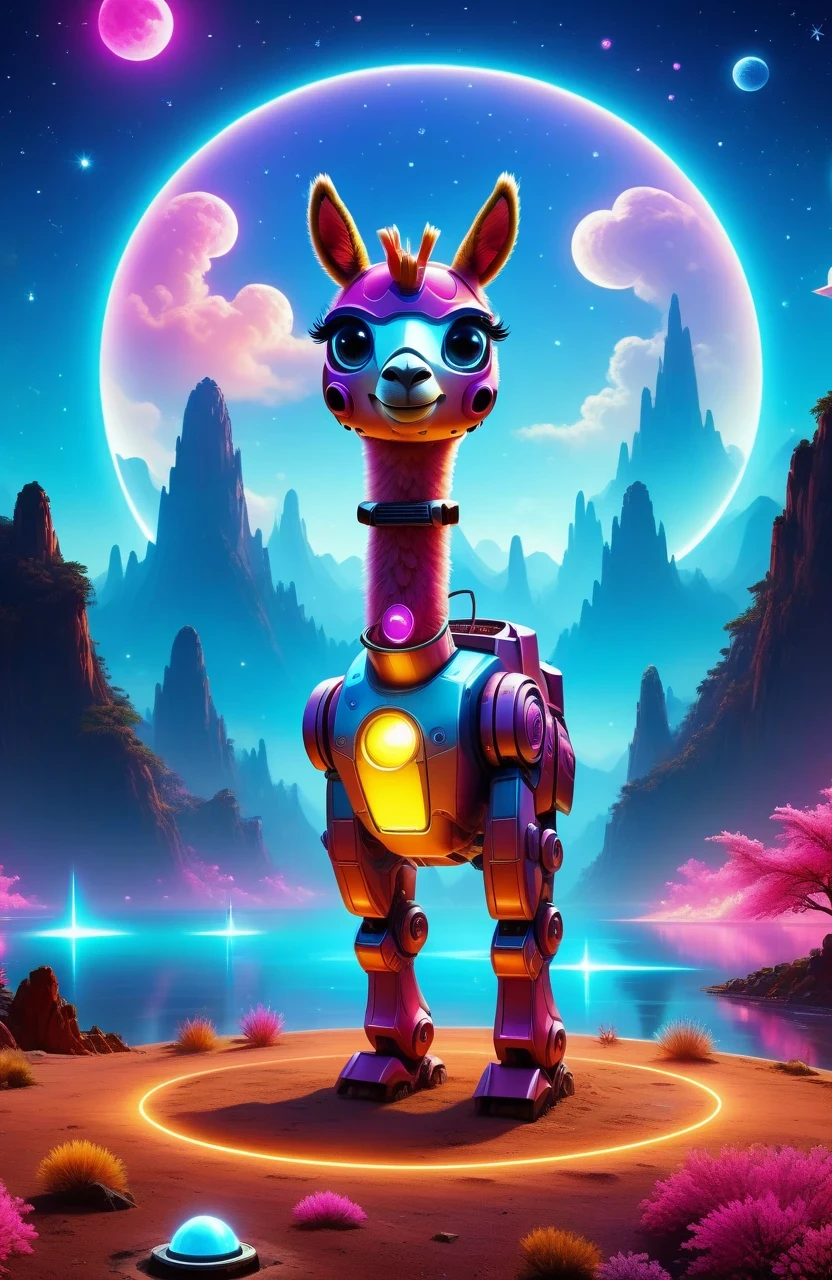 (Astronomy night sky, exotic landscape, extraordinary and detachment, science fiction, llama-shaped robot with advanced technology), (Best quality, 4K, high resolution), (Futuristic lighting, neon colors), cyberpunk-inspired brightness gradients, highly detailed robot features, metal gloss and reflection, neon signs and holographic projections, abstract and geometric structures, electronic enhancement, advanced machinery and technology.