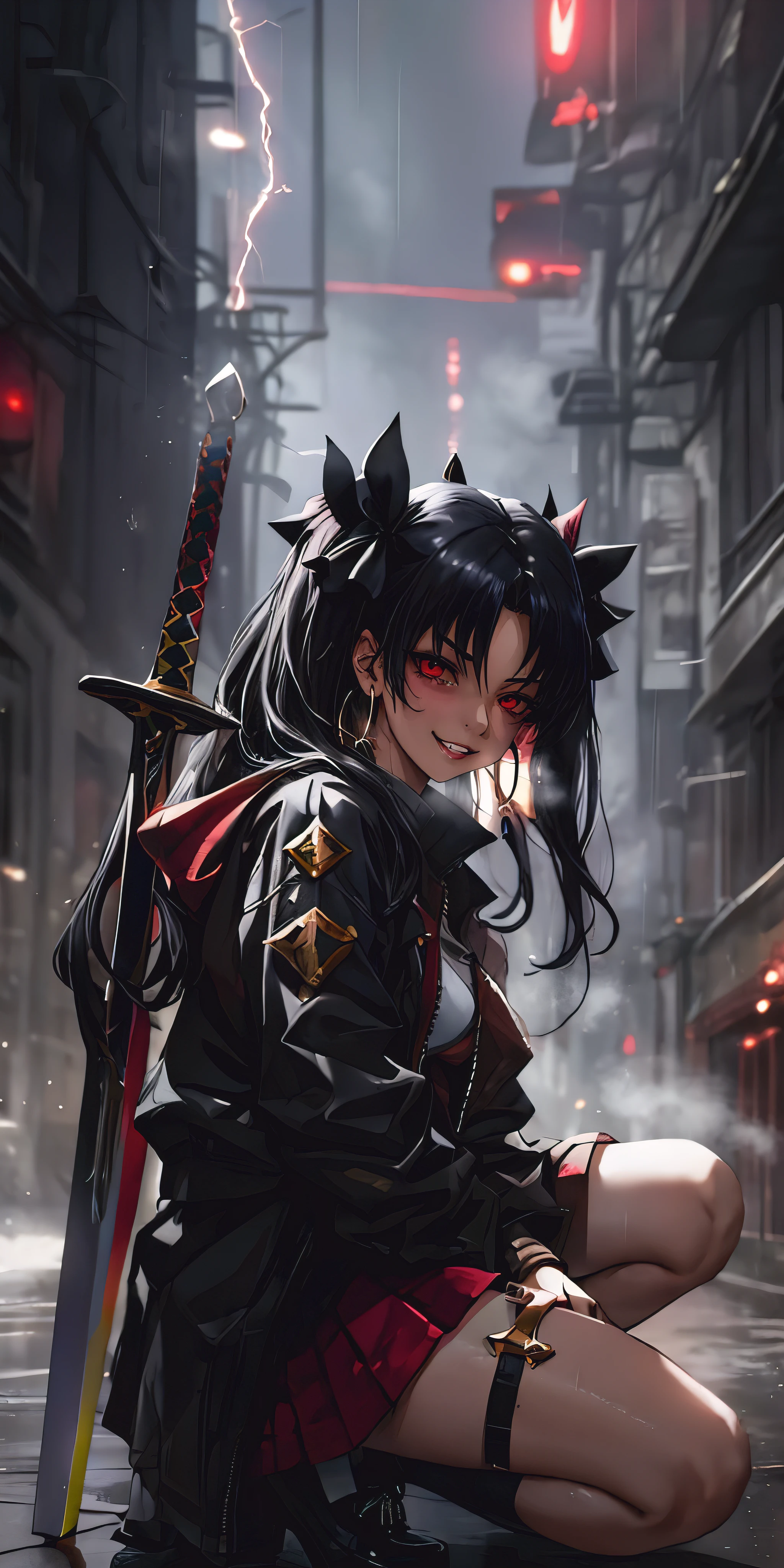 ishtar, long_hair, black_hair, two_side_up, red_eyes, jewelry, earrings, hoop_earrings, bangs, breasts, smile, ribbon, medium_breasts, parted_bangs, hair_ribbon, blush, hair_bow, anatomically correct, heavy breathing, mature female, anime girl kneeling down with a sword in her back, weapon, sword,  1girl, sheath,  solo, sheathed, looking_at_viewer, skirt, thigh_strap, shoes, jacket, blurry, rain, piercing, outdoors, dim light, (cinematic:1.2), kneeling, teachwear jacket, miniskirt, electricity, dusty, magic, enchanting magic, "glow effects, godrays, Hand drawn, render, 8k, octane render, cinema 4d, blender, dark, atmospheric 4k ultra detailed, cinematic, Sharp focus, big depth of field, Masterpiece, colors, 3d octane render, 4k, concept art, trending on artstation, hyperrealistic, Vivid colors, extremely detailed CG unity 8k wallpaper, trending on CGSociety, Intricate, High Detail, dramatic", sweating, steaming body, fog, (shaded face:1.2), hollow eyes, red eyes, looking at viewer, (heavy breathing:1.2), smirk, upper teeth, lips, glowing eyes,