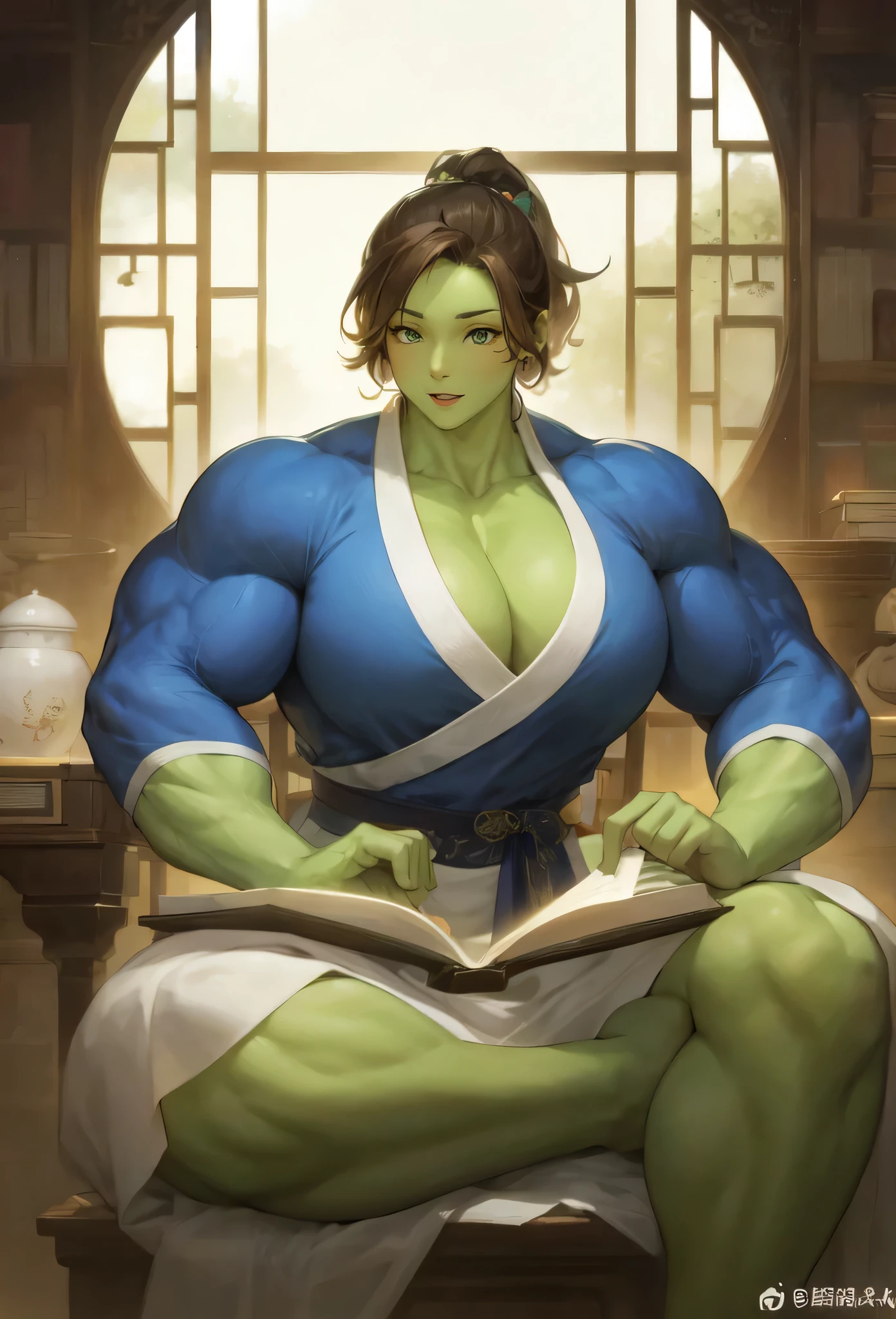 best quality, masterpiece,  ,girl,beautiful girl,, (green skin),biceps,muscular female, alternate muscle size,brown hair,,,pecs, muscular thighs,window, Chinese hair style, hanfu, books