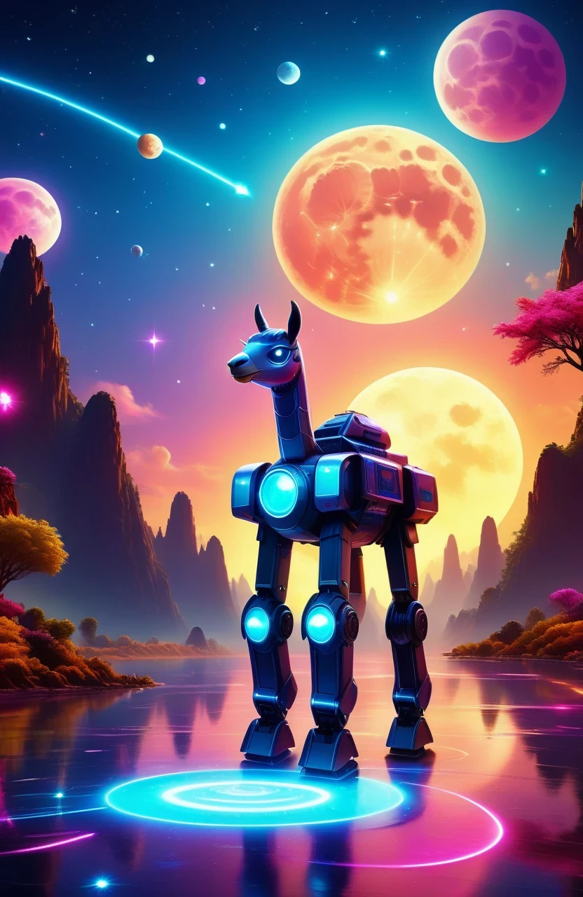 (Astronomy night sky, exotic landscape, extraordinary and detachment, science fiction, llama-shaped robot with advanced technology), (Best quality, 4K, high resolution), (Futuristic lighting, neon colors), cyberpunk-inspired brightness gradients, highly detailed robot features, metal gloss and reflection, neon signs and holographic projections, abstract and geometric structures, electronic enhancement, advanced machinery and technology.