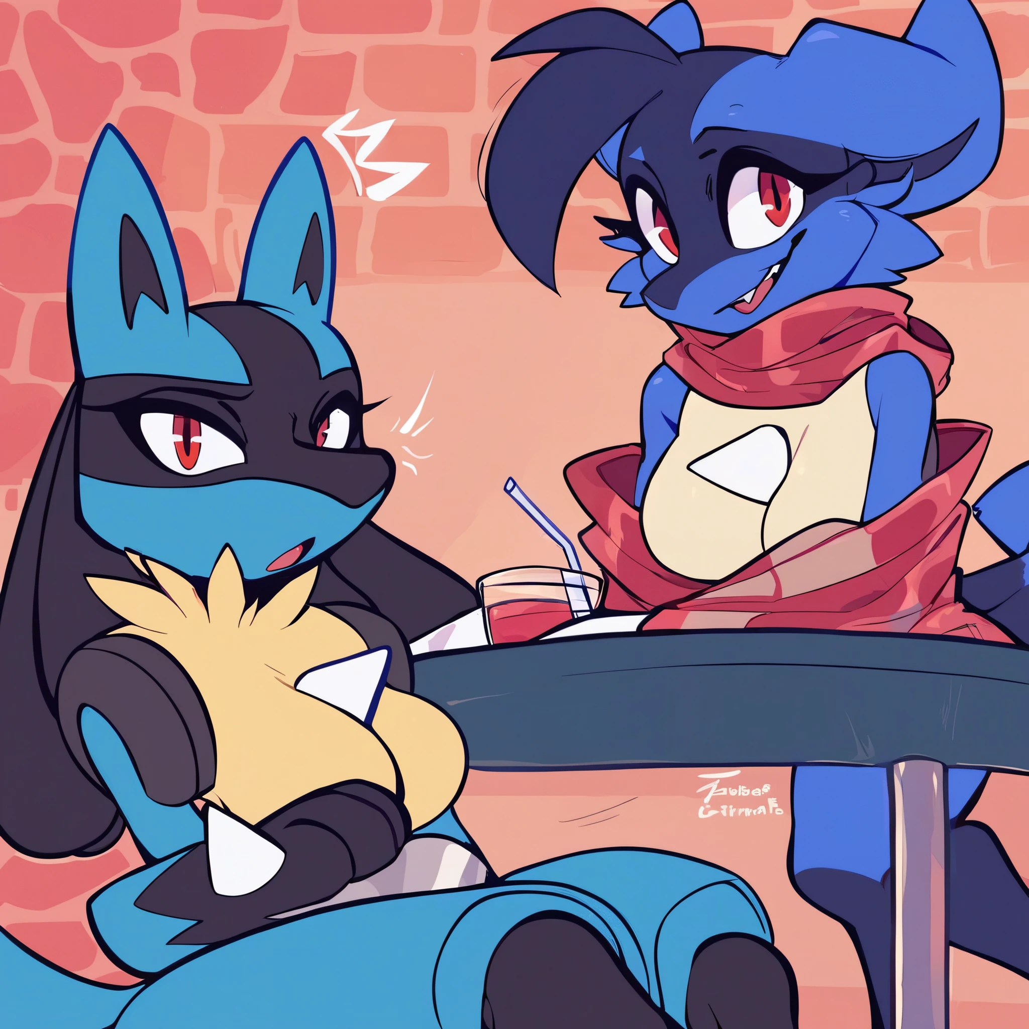 Pokemon, Zoroark, mode, neon lights, cinematic, vibrant, suprised expression, wearing tight latex, male, canine penis, blush, full body photograph, licking, blowjob, lucario, dominant partner, gay, hypnotic eyes, mind control, pokeball