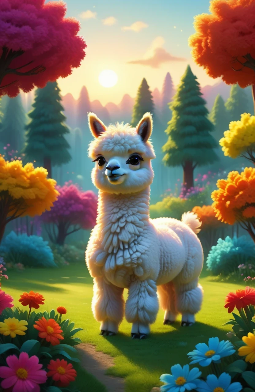 A cute alpaca in a vibrant garden, surrounded by colorful flowers, lush green grass, and tall trees. The alpaca has a fluffy coat, expressive eyes, and a friendly smile. The medium used to create this artwork is a detailed illustration. The additional details include a gentle breeze rustling through the flowers, creating a sense of movement and serenity. The image quality is of the best quality, with ultra-high resolution (4k or 8k) and a photorealistic rendering. The art style is focused on capturing the alpaca's charm and the beauty of nature. The color palette consists of bright and joyful tones, emphasizing the vibrancy of the garden. The lighting is soft and natural, casting a warm glow on the alpaca and its surroundings.