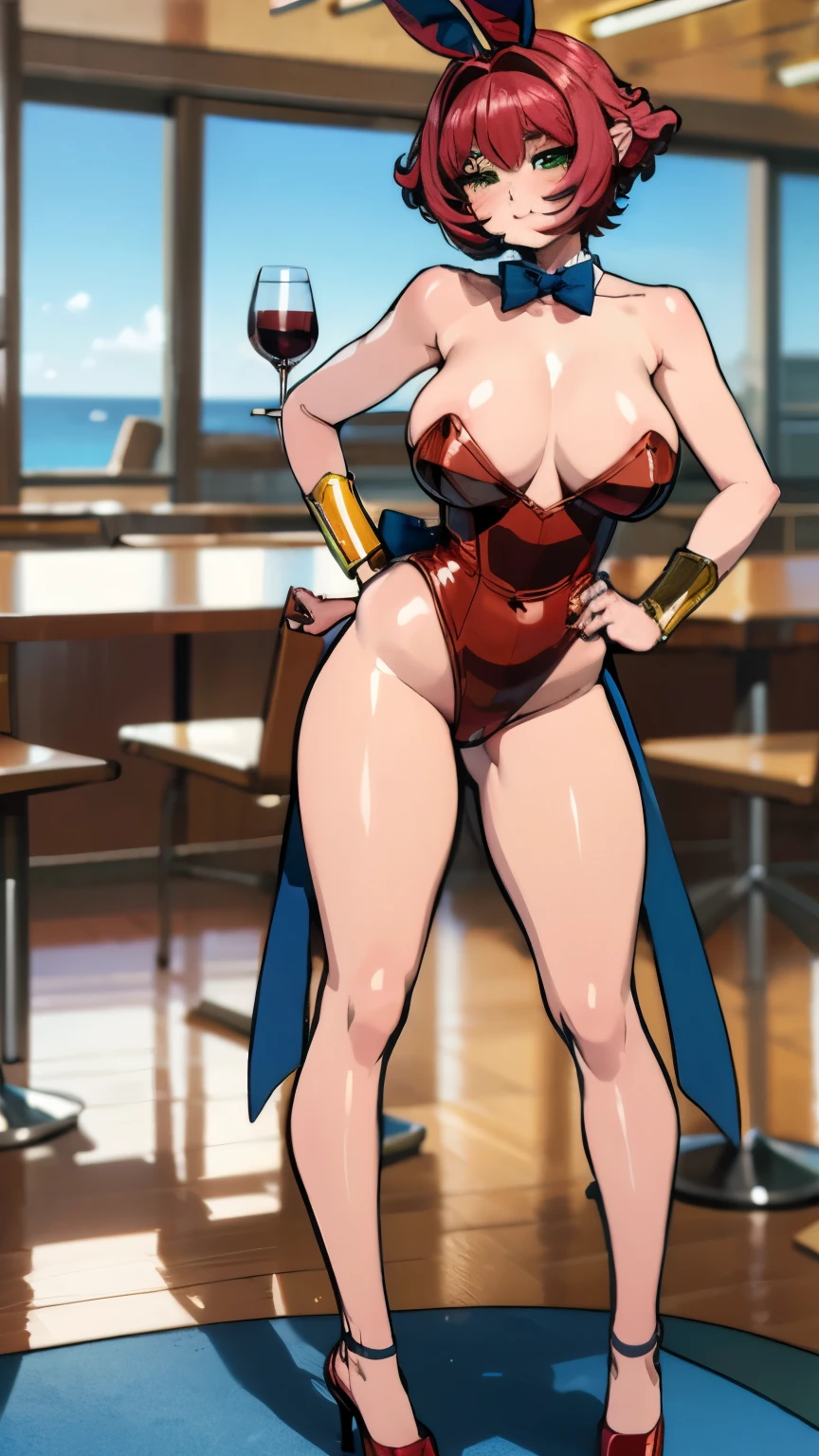 masterpiece, best quality, ultra-detailed, adult Cala 1girl, solo, bunny girl, portrait, matanozoki, bending forward, standing, from behind, upside-down, holding tray, large exposed breasts, puffy nipples, strapless leotard, bracelet, bowtie, high heels, smiling, winking, red hair, spiky hair, full body, looking at the viewer, female focus, green eyes