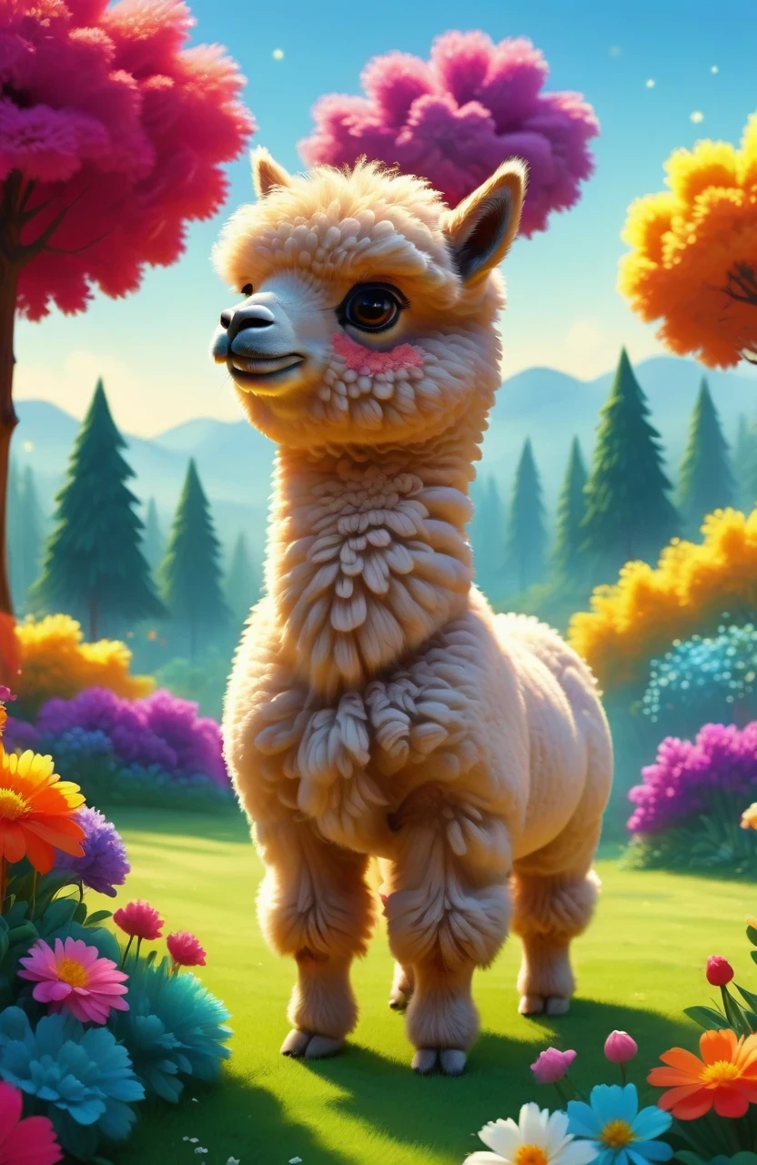 A cute alpaca in a vibrant garden, surrounded by colorful flowers, lush green grass, and tall trees. The alpaca has a fluffy coat, expressive eyes, and a friendly smile. The medium used to create this artwork is a detailed illustration. The additional details include a gentle breeze rustling through the flowers, creating a sense of movement and serenity. The image quality is of the best quality, with ultra-high resolution (4k or 8k) and a photorealistic rendering. The art style is focused on capturing the alpaca's charm and the beauty of nature. The color palette consists of bright and joyful tones, emphasizing the vibrancy of the garden. The lighting is soft and natural, casting a warm glow on the alpaca and its surroundings.