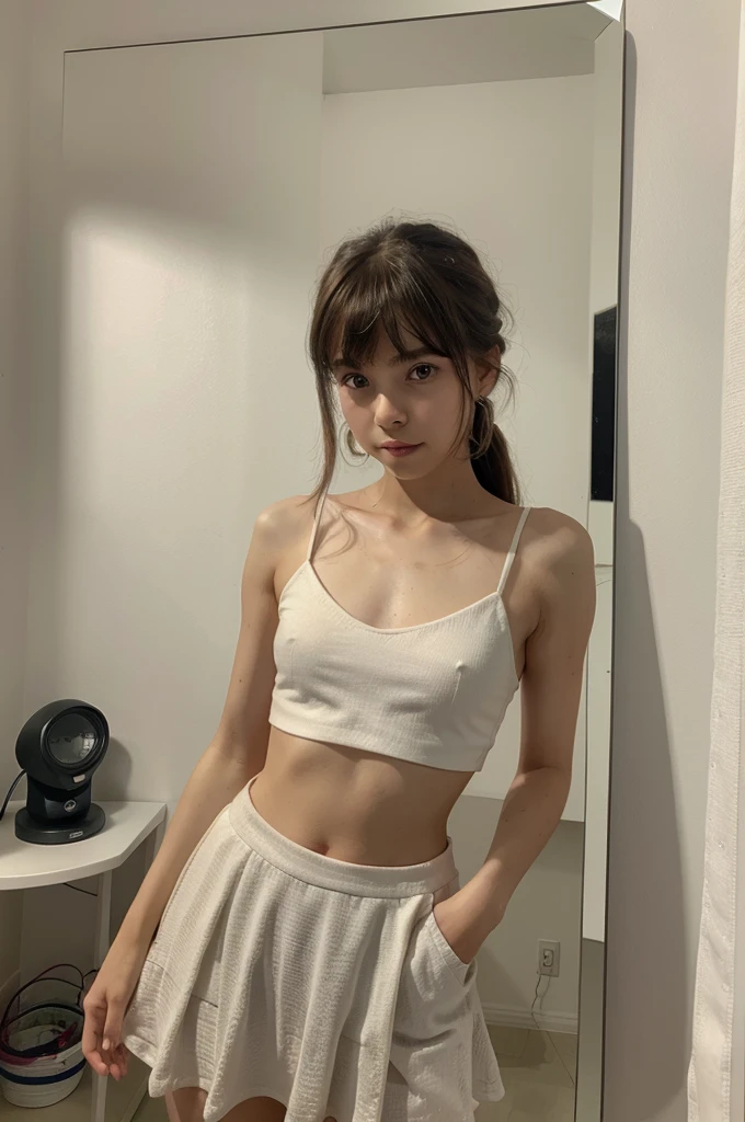 A cute girl, perfect face, beautifull girl,14 years oldy body, slim body, white skin, masterpiece, textured skin, super detail, high details, high quality, 8k, nice pose, room, dark shadow, less light, side lighting to face, wearing a mask, cute lips, small and cutest lips, bangs hair style, open top, small skirt, wearing a ears rings, little smlie, infront on mirror taking a selfie, one phone