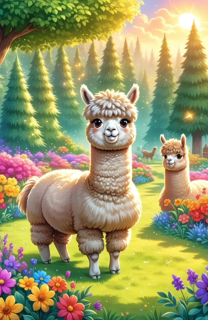 A cute alpaca in a vibrant garden, surrounded by colorful flowers, lush green grass, and tall trees. The alpaca has a fluffy coat, expressive eyes, and a friendly smile. The medium used to create this artwork is a detailed illustration. The additional details include a gentle breeze rustling through the flowers, creating a sense of movement and serenity. The image quality is of the best quality, with ultra-high resolution (4k or 8k) and a photorealistic rendering. The art style is focused on capturing the alpaca's charm and the beauty of nature. The color palette consists of bright and joyful tones, emphasizing the vibrancy of the garden. The lighting is soft and natural, casting a warm glow on the alpaca and its surroundings.