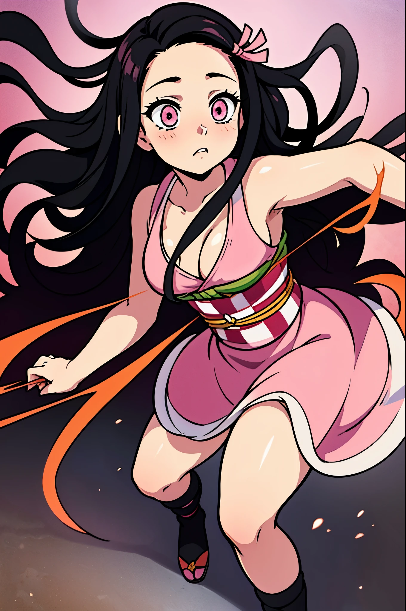 anime, hdr, soft light, ((best quality)), ((masterpiece)), (detailed), kamado nezuko, black hair, forehead, pink eyes, very long hair, hair ribbon, japanese clothes, pink kimono, multicolored hair, pink ribbon, cleavage, standing, legs apart, fighting pose, flowing blood, destruction, kimetsu no yaiba style, sparks.