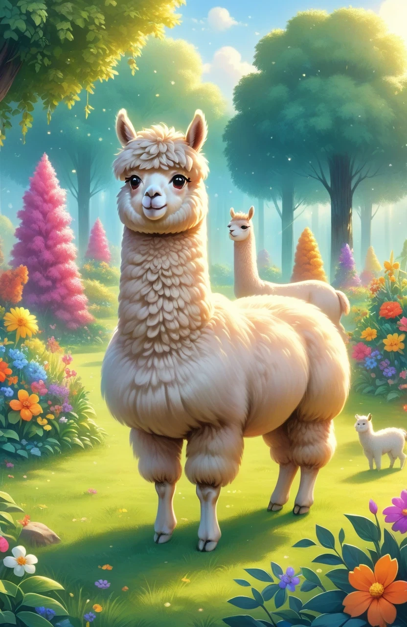 A cute alpaca in a vibrant garden, surrounded by colorful flowers, lush green grass, and tall trees. The alpaca has a fluffy coat, expressive eyes, and a friendly smile. The medium used to create this artwork is a detailed illustration. The additional details include a gentle breeze rustling through the flowers, creating a sense of movement and serenity. The image quality is of the best quality, with ultra-high resolution (4k or 8k) and a photorealistic rendering. The art style is focused on capturing the alpaca's charm and the beauty of nature. The color palette consists of bright and joyful tones, emphasizing the vibrancy of the garden. The lighting is soft and natural, casting a warm glow on the alpaca and its surroundings.