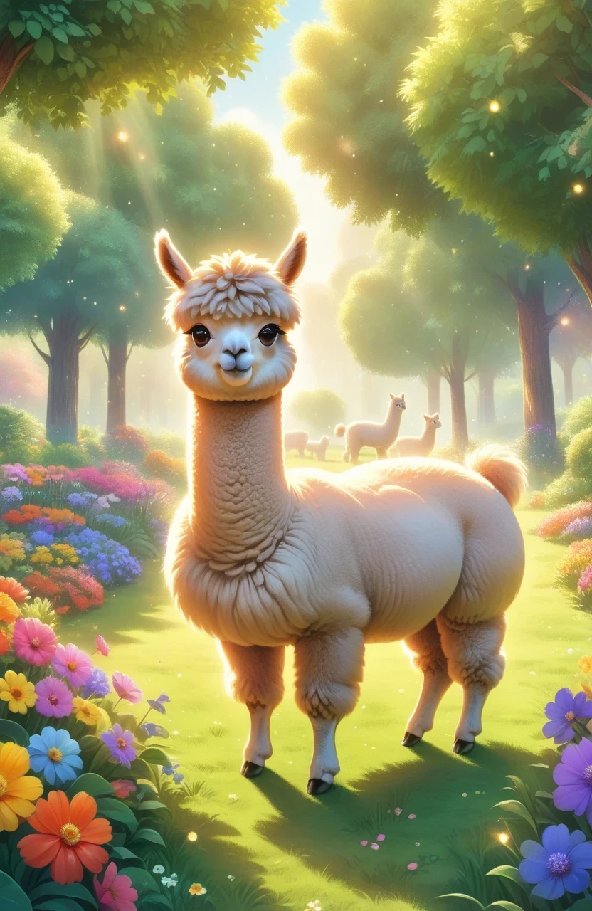 A cute alpaca in a vibrant garden, surrounded by colorful flowers, lush green grass, and tall trees. The alpaca has a fluffy coat, expressive eyes, and a friendly smile. The medium used to create this artwork is a detailed illustration. The additional details include a gentle breeze rustling through the flowers, creating a sense of movement and serenity. The image quality is of the best quality, with ultra-high resolution (4k or 8k) and a photorealistic rendering. The art style is focused on capturing the alpaca's charm and the beauty of nature. The color palette consists of bright and joyful tones, emphasizing the vibrancy of the garden. The lighting is soft and natural, casting a warm glow on the alpaca and its surroundings.