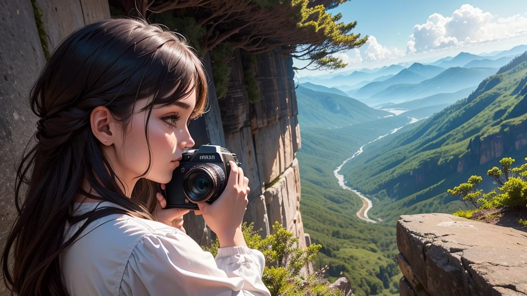 1 mulher olhando para o horizonte com montanhas com bastante flora, do alto de uma montanha, facing away from the camera, em um dia ensolarado, camera is very far from the woman, Your face doesn't appear