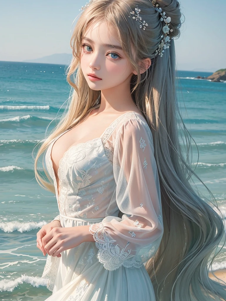 (masterpiece of illustration), (of the finest quality), (intricately detailed), (disheveled waves cascading down her back), (an exquisite work of art), (a solitary girl), (donning trendy and chic clothing), stands confidently, (the fashion model under scrutiny), (engaging intently with the viewer), (preparing for an interview), (set against a simple and uncluttered background), (her beautifully detailed eyes shimmering with intelligence and emotion), (her delicate beautiful face, a perfect canvas of elegance and grace), (floats gracefully, bathed in the soft, high saturation colors of a dreamscape), (
