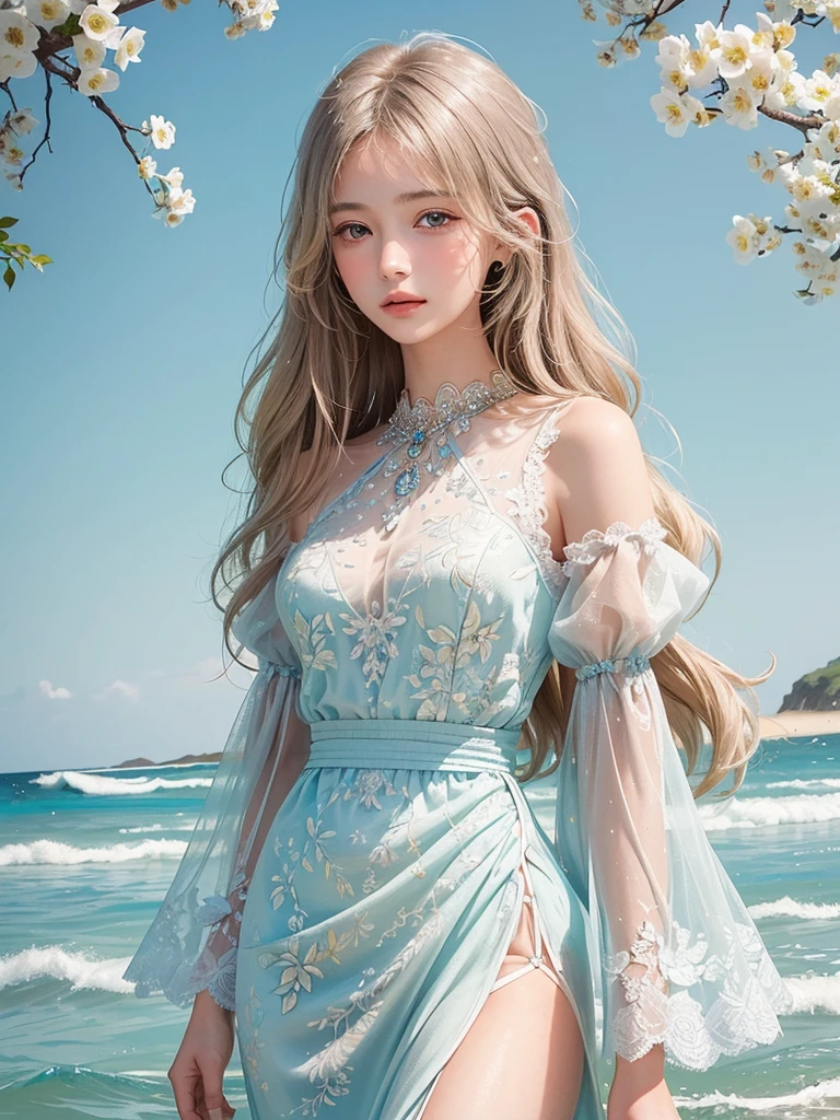(masterpiece of illustration), (of the finest quality), (intricately detailed), (disheveled waves cascading down her back), (an exquisite work of art), (a solitary girl), (donning trendy and chic clothing), stands confidently, (the fashion model under scrutiny), (engaging intently with the viewer), (preparing for an interview), (set against a simple and uncluttered background), (her beautifully detailed eyes shimmering with intelligence and emotion), (her delicate beautiful face, a perfect canvas of elegance and grace), (floats gracefully, bathed in the soft, high saturation colors of a dreamscape), (