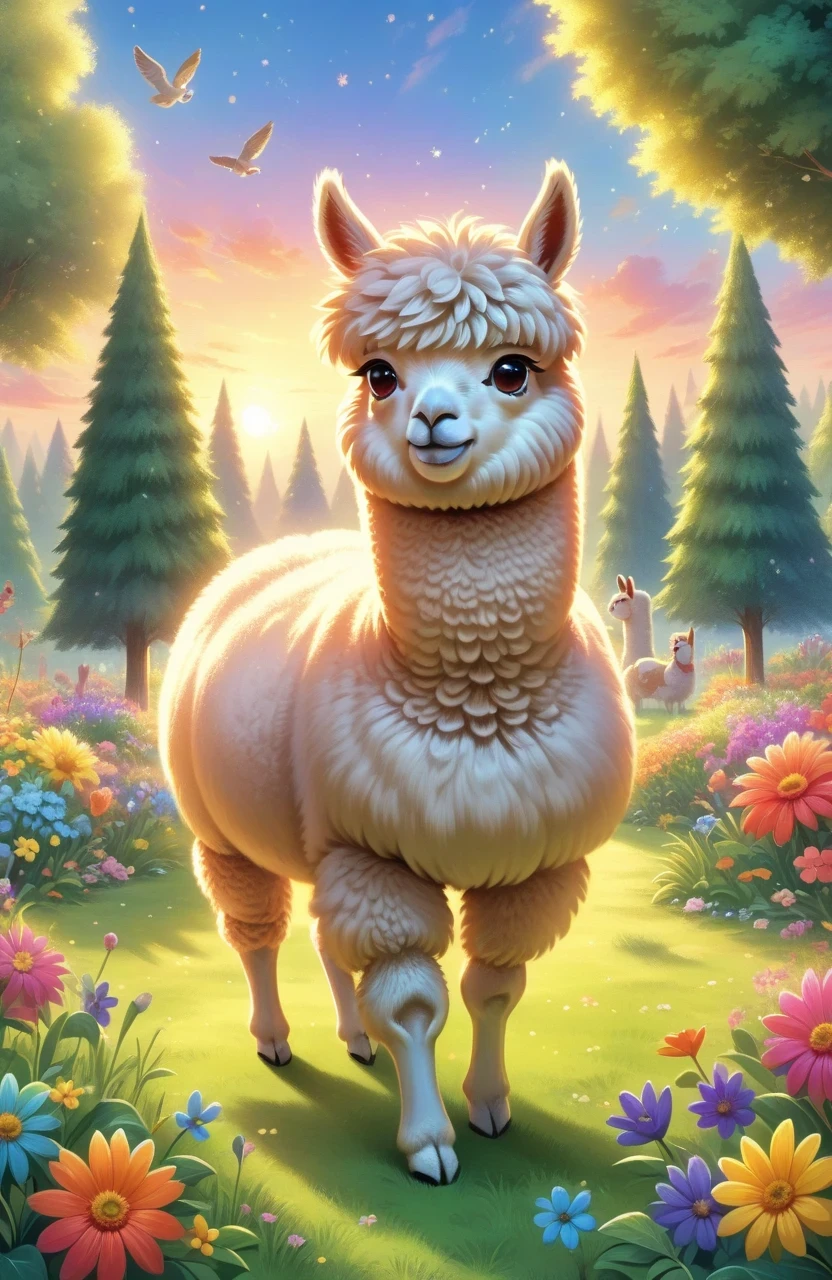 A cute alpaca in a vibrant garden, surrounded by colorful flowers, lush green grass, and tall trees. The alpaca has a fluffy coat, expressive eyes, and a friendly smile. The medium used to create this artwork is a detailed illustration. The additional details include a gentle breeze rustling through the flowers, creating a sense of movement and serenity. The image quality is of the best quality, with ultra-high resolution (4k or 8k) and a photorealistic rendering. The art style is focused on capturing the alpaca's charm and the beauty of nature. The color palette consists of bright and joyful tones, emphasizing the vibrancy of the garden. The lighting is soft and natural, casting a warm glow on the alpaca and its surroundings.