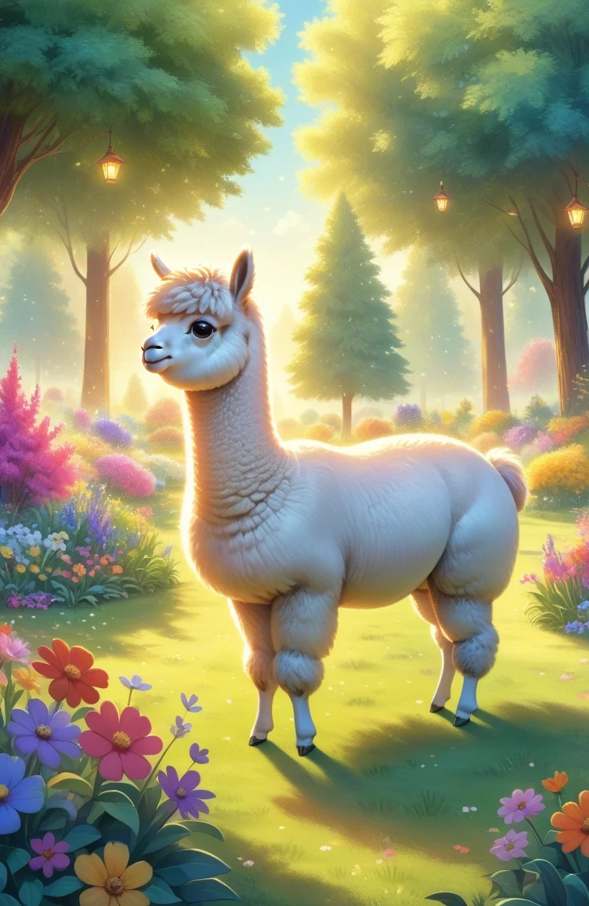 A cute alpaca in a vibrant garden, surrounded by colorful flowers, lush green grass, and tall trees. The alpaca has a fluffy coat, expressive eyes, and a friendly smile. The medium used to create this artwork is a detailed illustration. The additional details include a gentle breeze rustling through the flowers, creating a sense of movement and serenity. The image quality is of the best quality, with ultra-high resolution (4k or 8k) and a photorealistic rendering. The art style is focused on capturing the alpaca's charm and the beauty of nature. The color palette consists of bright and joyful tones, emphasizing the vibrancy of the garden. The lighting is soft and natural, casting a warm glow on the alpaca and its surroundings.