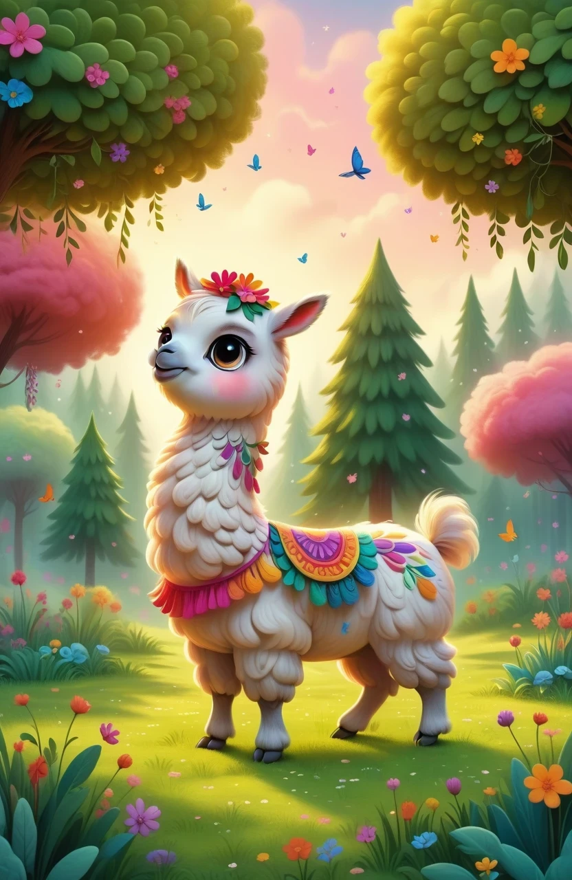 A cute alpaca in a vibrant garden, surrounded by colorful flowers, lush green grass, and tall trees. The alpaca has a fluffy coat, expressive eyes, and a friendly smile. The medium used to create this artwork is a detailed illustration. The additional details include a gentle breeze rustling through the flowers, creating a sense of movement and serenity. The image quality is of the best quality, with ultra-high resolution (4k or 8k) and a photorealistic rendering. The art style is focused on capturing the alpaca's charm and the beauty of nature. The color palette consists of bright and joyful tones, emphasizing the vibrancy of the garden. The lighting is soft and natural, casting a warm glow on the alpaca and its surroundings.