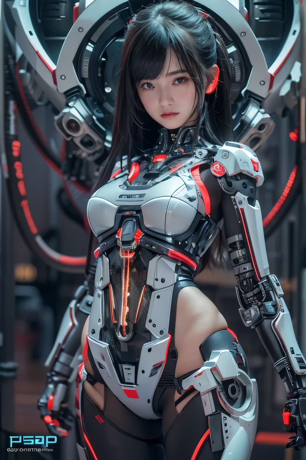 top quality, masterpiece, Ultra-high resolution, (Reality: 1.4), original photo, 1 cyberpunk girl, Black Hair, Smooth skin, 1.mechanical girl, Depth of field focus f/2.8, (Ultra-realistic details)), contrast, shadow, Octane Rendering, 8k, Extremely sharp, Cleavage exposed, Rawhide, Metal, Exquisite decorative details, Japan Details, Very intricate details, realistic light, CGSoation trends, face camera, Neon details, Mechanical limbs, blood vessels connected to tubes, A mechanical vertebrae attached to the back, Mechanical neck fixation device, Wires and cables to the head, Gundam, Small LED lights.