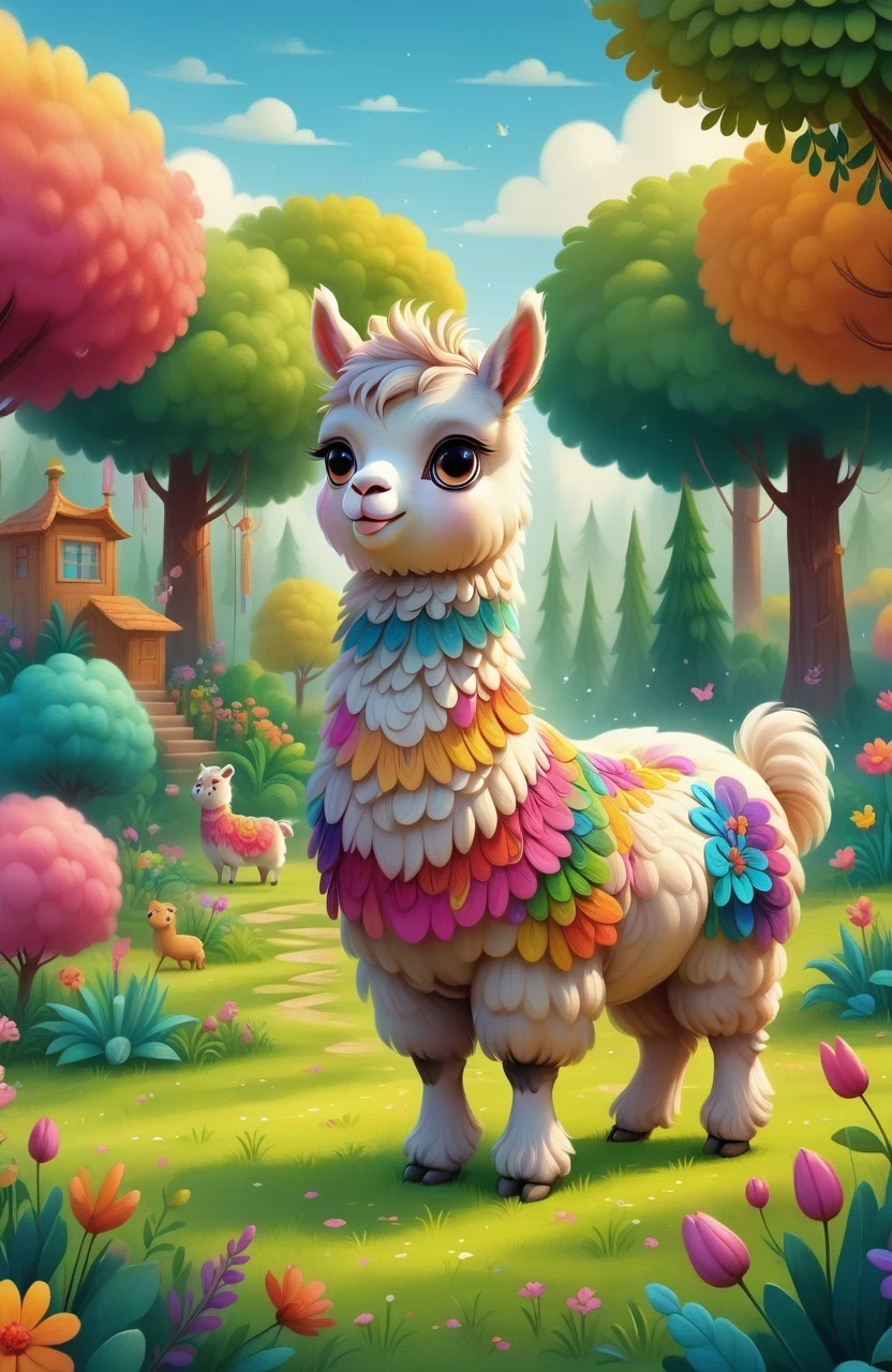 A cute alpaca in a vibrant garden, surrounded by colorful flowers, lush green grass, and tall trees. The alpaca has a fluffy coat, expressive eyes, and a friendly smile. The medium used to create this artwork is a detailed illustration. The additional details include a gentle breeze rustling through the flowers, creating a sense of movement and serenity. The image quality is of the best quality, with ultra-high resolution (4k or 8k) and a photorealistic rendering. The art style is focused on capturing the alpaca's charm and the beauty of nature. The color palette consists of bright and joyful tones, emphasizing the vibrancy of the garden. The lighting is soft and natural, casting a warm glow on the alpaca and its surroundings.