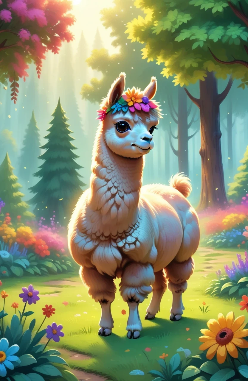 A cute alpaca in a vibrant garden, surrounded by colorful flowers, lush green grass, and tall trees. The alpaca has a fluffy coat, expressive eyes, and a friendly smile. The medium used to create this artwork is a detailed illustration. The additional details include a gentle breeze rustling through the flowers, creating a sense of movement and serenity. The image quality is of the best quality, with ultra-high resolution (4k or 8k) and a photorealistic rendering. The art style is focused on capturing the alpaca's charm and the beauty of nature. The color palette consists of bright and joyful tones, emphasizing the vibrancy of the garden. The lighting is soft and natural, casting a warm glow on the alpaca and its surroundings.