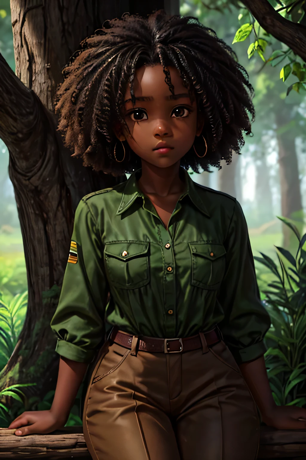 Augusta Njinga", an 11 year old girl, dark skin, afro, black hair, dark eyes, green blouse, brown pants, brown adventure boots, "".

