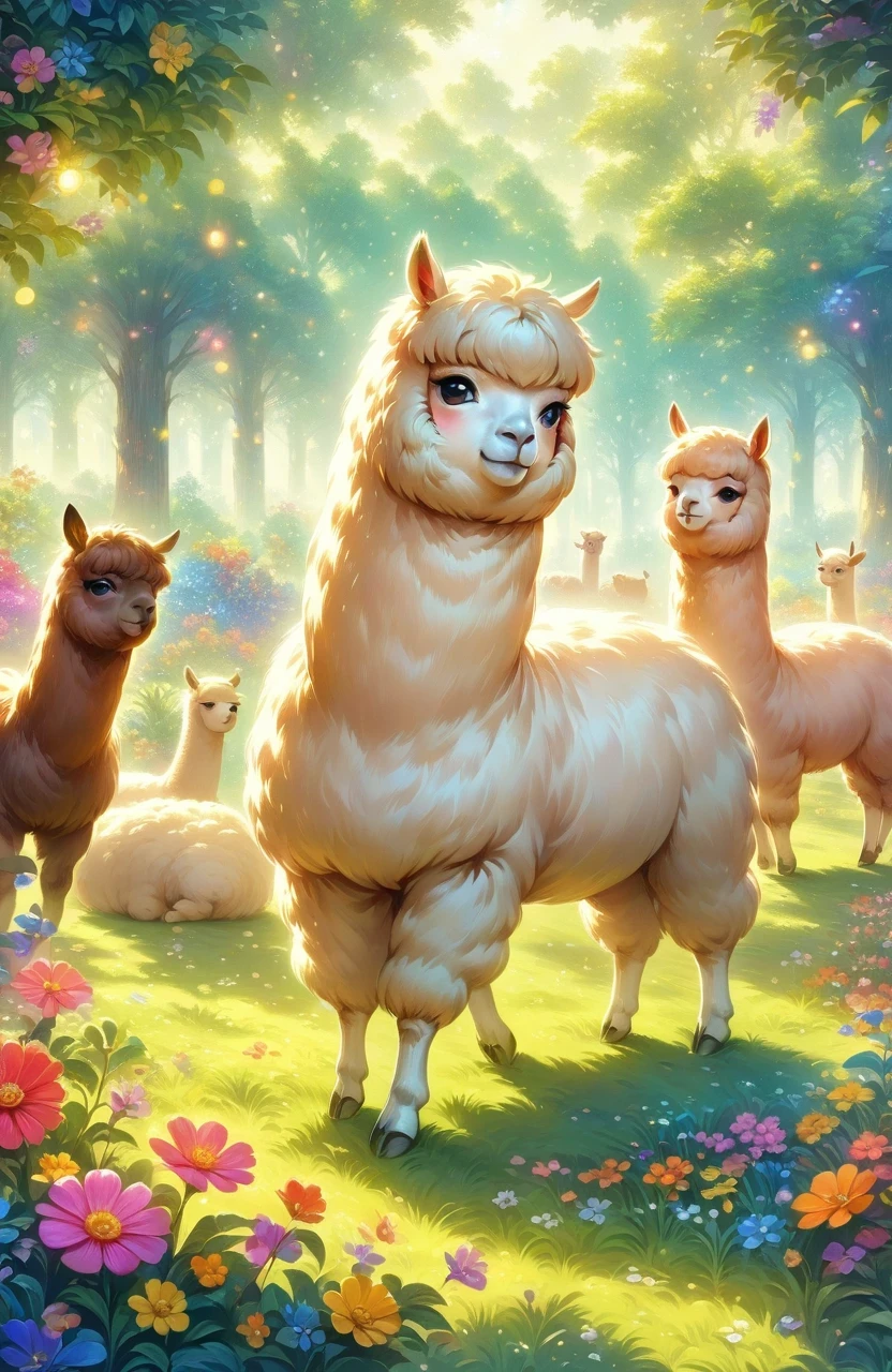 A cute alpaca in a vibrant garden, surrounded by colorful flowers, lush green grass, and tall trees. The alpaca has a fluffy coat, expressive eyes, and a friendly smile. The medium used to create this artwork is a detailed illustration. The additional details include a gentle breeze rustling through the flowers, creating a sense of movement and serenity. The image quality is of the best quality, with ultra-high resolution (4k or 8k) and a photorealistic rendering. The art style is focused on capturing the alpaca's charm and the beauty of nature. The color palette consists of bright and joyful tones, emphasizing the vibrancy of the garden. The lighting is soft and natural, casting a warm glow on the alpaca and its surroundings.