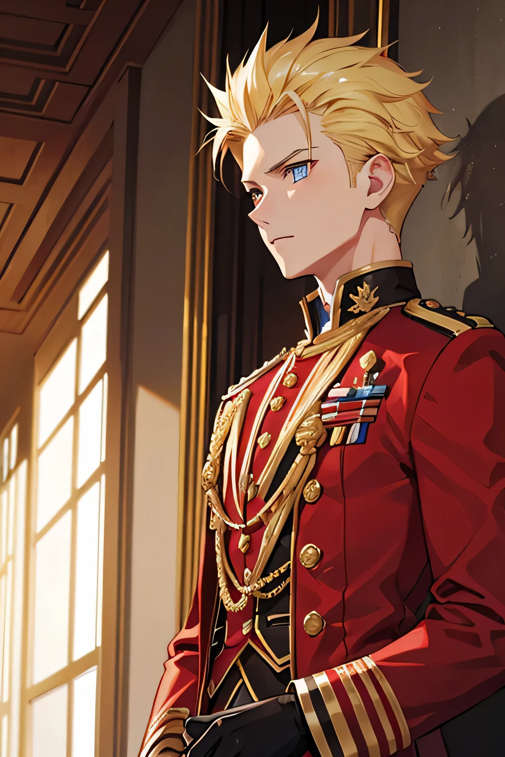 1 guy, blonde spiky hair, red royal uniform