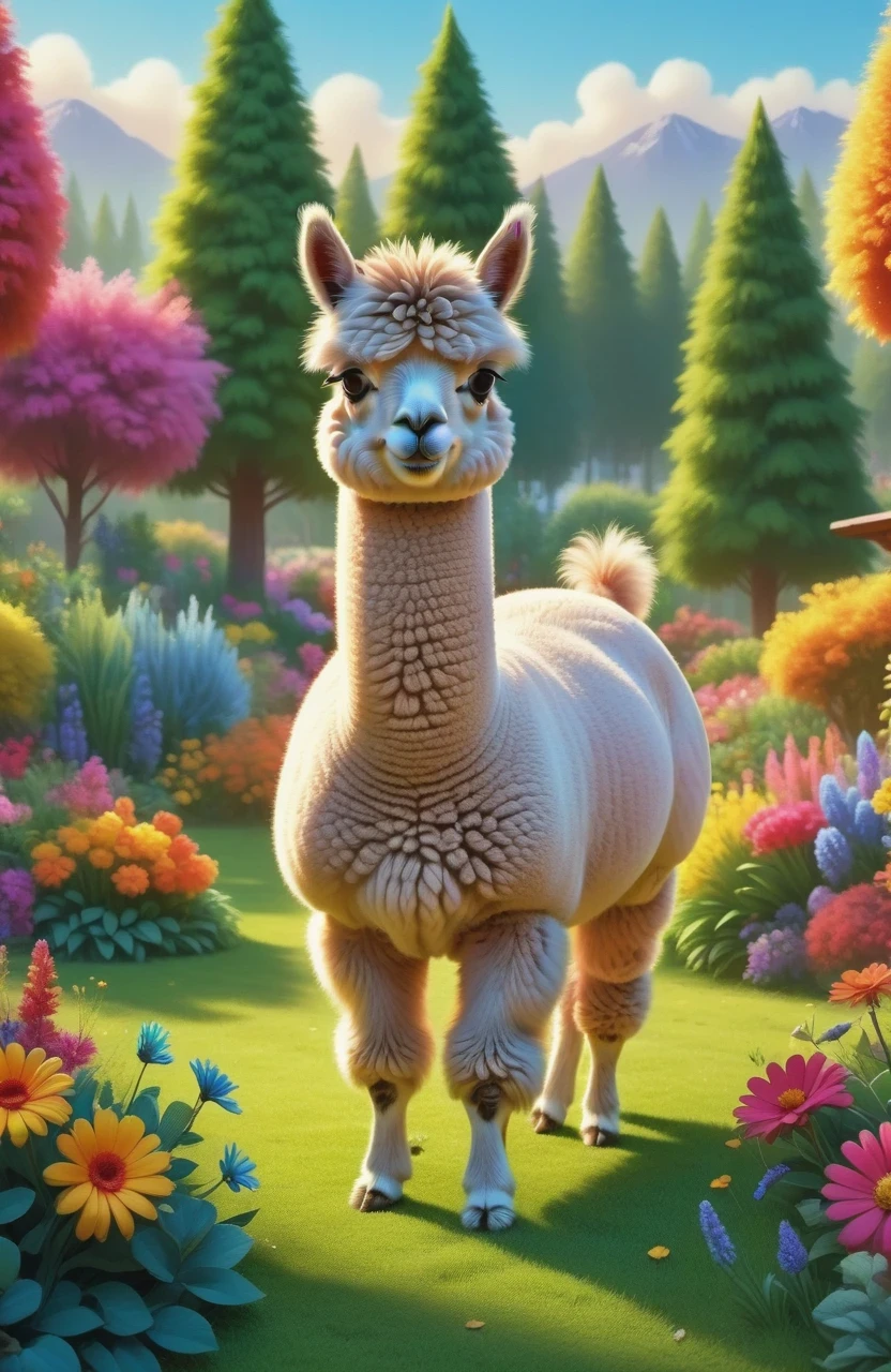 A cute alpaca in a vibrant garden, surrounded by colorful flowers, lush green grass, and tall trees. The alpaca has a fluffy coat, expressive eyes, and a friendly smile. The medium used to create this artwork is a detailed illustration. The additional details include a gentle breeze rustling through the flowers, creating a sense of movement and serenity. The image quality is of the best quality, with ultra-high resolution (4k or 8k) and a photorealistic rendering. The art style is focused on capturing the alpaca's charm and the beauty of nature. The color palette consists of bright and joyful tones, emphasizing the vibrancy of the garden. The lighting is soft and natural, casting a warm glow on the alpaca and its surroundings.