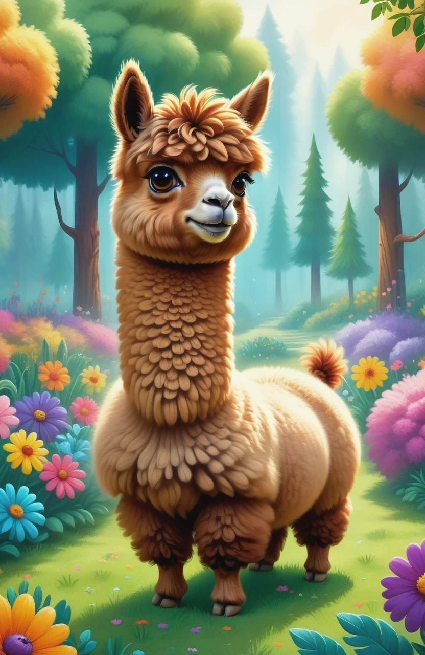 A cute alpaca in a vibrant garden, surrounded by colorful flowers, lush green grass, and tall trees. The alpaca has a fluffy coat, expressive eyes, and a friendly smile. The medium used to create this artwork is a detailed illustration. The additional details include a gentle breeze rustling through the flowers, creating a sense of movement and serenity. The image quality is of the best quality, with ultra-high resolution (4k or 8k) and a photorealistic rendering. The art style is focused on capturing the alpaca's charm and the beauty of nature. The color palette consists of bright and joyful tones, emphasizing the vibrancy of the garden. The lighting is soft and natural, casting a warm glow on the alpaca and its surroundings.