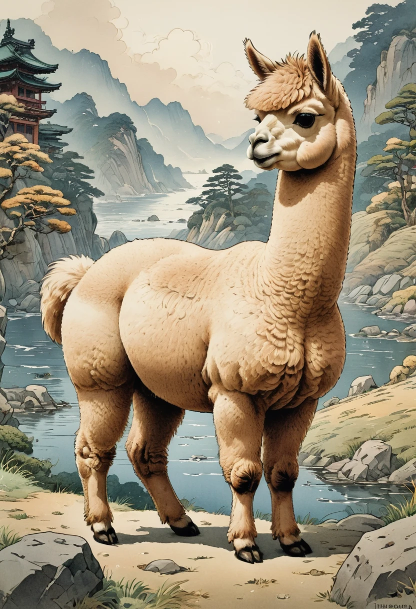 an Alpaca, by Hiroshi Yoshida, best quality, masterpiece, very aesthetic, perfect composition, intricate details, ultra-detailed