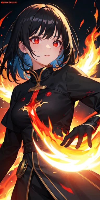 1girl, black hair, red eyes, fire witch, blood, light particles, light rays, wallpaper, high contrast, colorful,
