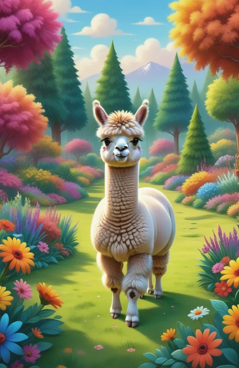 A cute alpaca in a vibrant garden, surrounded by colorful flowers, lush green grass, and tall trees. The alpaca has a fluffy coat, expressive eyes, and a friendly smile. The medium used to create this artwork is a detailed illustration. The additional details include a gentle breeze rustling through the flowers, creating a sense of movement and serenity. The image quality is of the best quality, with ultra-high resolution (4k or 8k) and a photorealistic rendering. The art style is focused on capturing the alpaca's charm and the beauty of nature. The color palette consists of bright and joyful tones, emphasizing the vibrancy of the garden. The lighting is soft and natural, casting a warm glow on the alpaca and its surroundings.