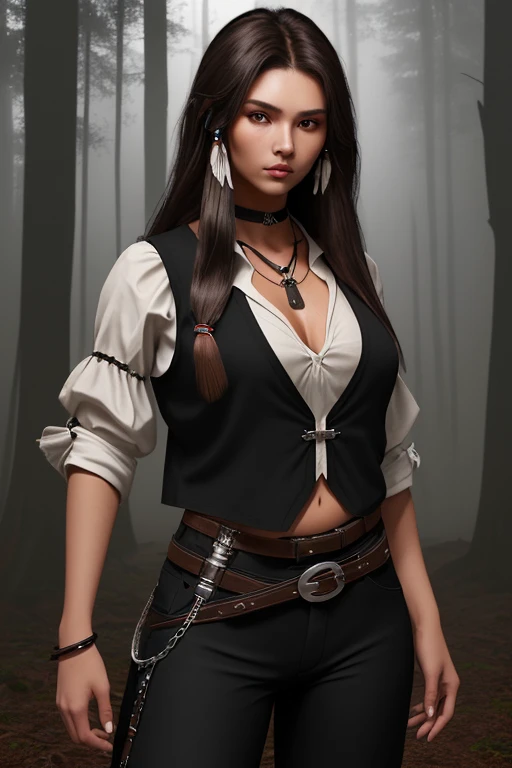 20 year old woman brown hair sexy complexion native American long hair black blouse black vest black pants black belt with silver buckle background of night forest with fog 