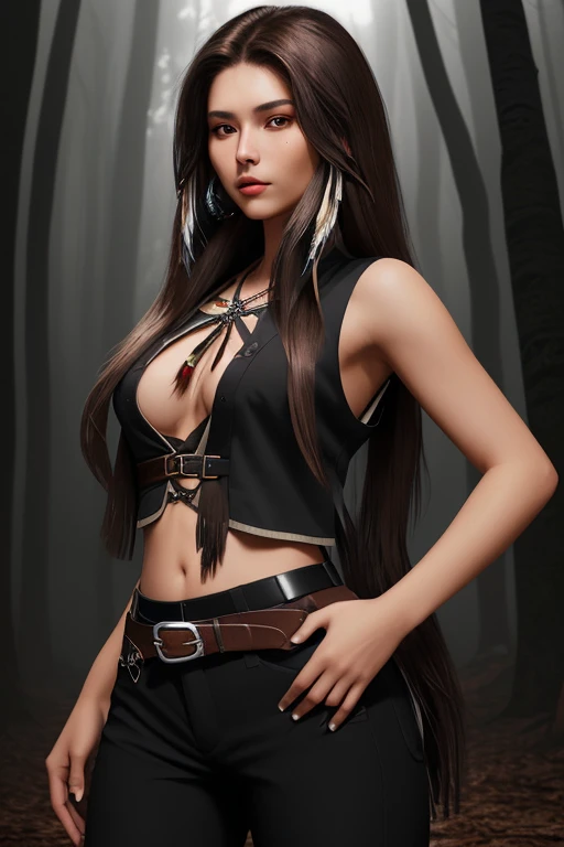20 year old woman brown hair sexy complexion native American long hair black blouse black vest black pants black belt with silver buckle background of night forest with fog