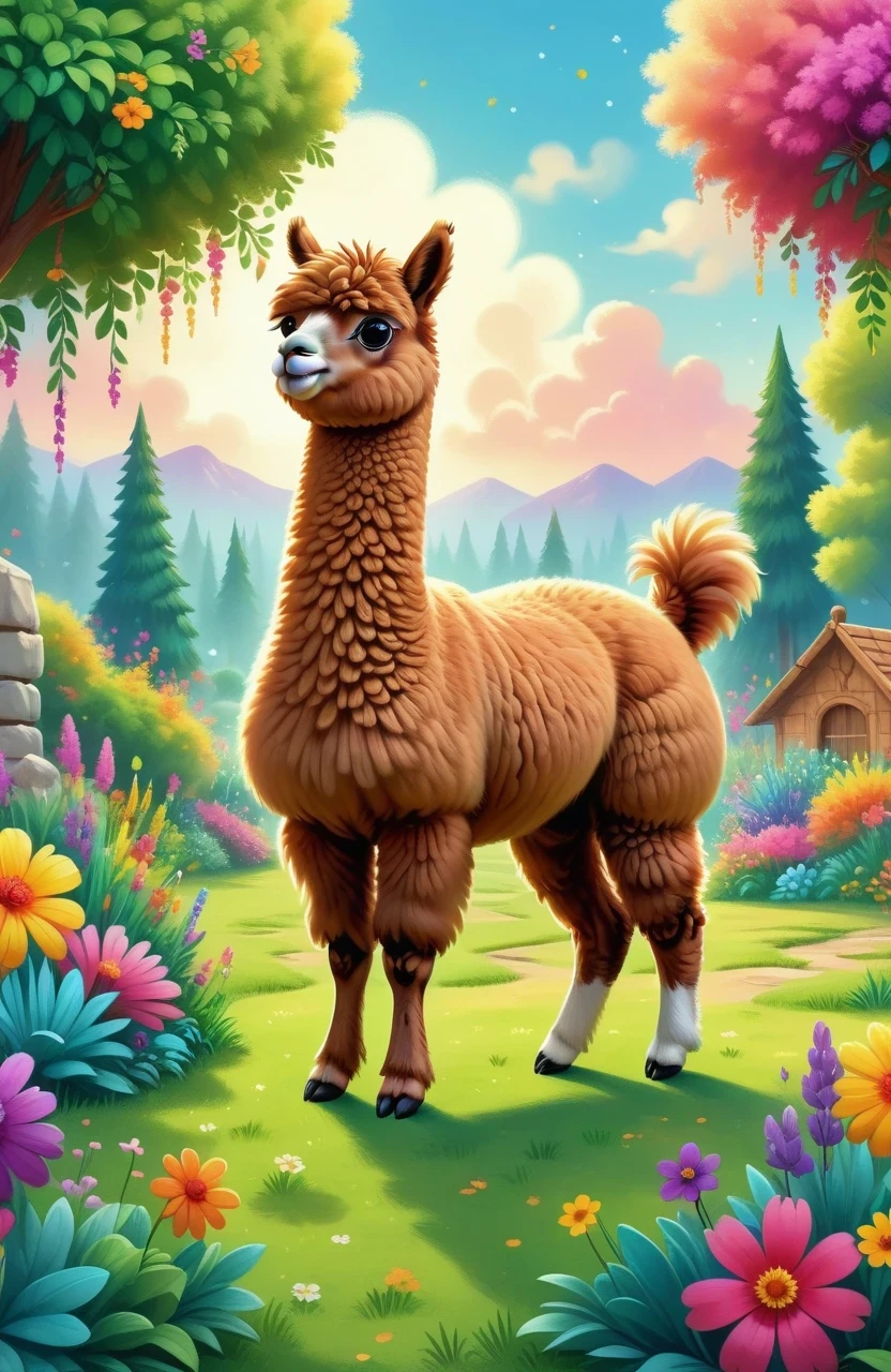 A cute alpaca in a vibrant garden, surrounded by colorful flowers, lush green grass, and tall trees. The alpaca has a fluffy coat, expressive eyes, and a friendly smile. The medium used to create this artwork is a detailed illustration. The additional details include a gentle breeze rustling through the flowers, creating a sense of movement and serenity. The image quality is of the best quality, with ultra-high resolution (4k or 8k) and a photorealistic rendering. The art style is focused on capturing the alpaca's charm and the beauty of nature. The color palette consists of bright and joyful tones, emphasizing the vibrancy of the garden. The lighting is soft and natural, casting a warm glow on the alpaca and its surroundings.