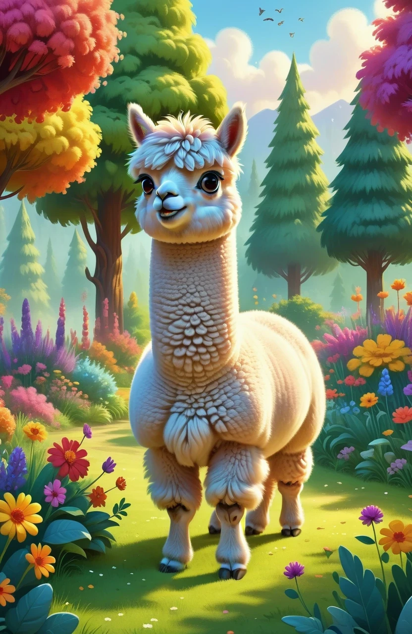 A cute alpaca in a vibrant garden, surrounded by colorful flowers, lush green grass, and tall trees. The alpaca has a fluffy coat, expressive eyes, and a friendly smile. The medium used to create this artwork is a detailed illustration. The additional details include a gentle breeze rustling through the flowers, creating a sense of movement and serenity. The image quality is of the best quality, with ultra-high resolution (4k or 8k) and a photorealistic rendering. The art style is focused on capturing the alpaca's charm and the beauty of nature. The color palette consists of bright and joyful tones, emphasizing the vibrancy of the garden. The lighting is soft and natural, casting a warm glow on the alpaca and its surroundings.