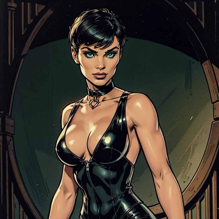 Draw a beautiful white woman, she is wearing a black leather texture suit covering her body, there is a neckline in her cloathes, she has a very short black haircut style, her face is pretty, wearing a cat collar on her neck, she has beautiful eyes green iris, very beutiful, high resolution, 4k, masterpiece, american comic book style image