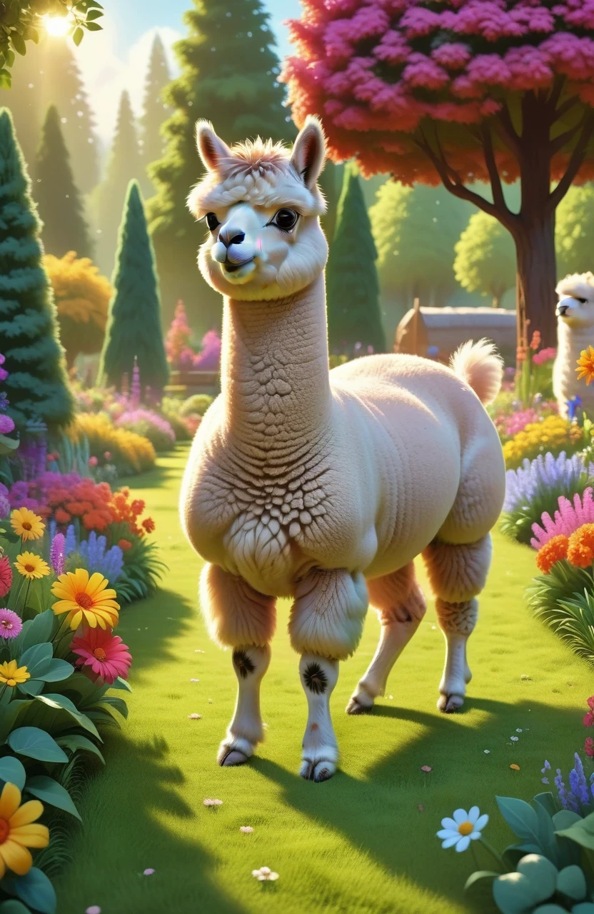 A cute alpaca in a vibrant garden, surrounded by colorful flowers, lush green grass, and tall trees. The alpaca has a fluffy coat, expressive eyes, and a friendly smile. The medium used to create this artwork is a detailed illustration. The additional details include a gentle breeze rustling through the flowers, creating a sense of movement and serenity. The image quality is of the best quality, with ultra-high resolution (4k or 8k) and a photorealistic rendering. The art style is focused on capturing the alpaca's charm and the beauty of nature. The color palette consists of bright and joyful tones, emphasizing the vibrancy of the garden. The lighting is soft and natural, casting a warm glow on the alpaca and its surroundings.