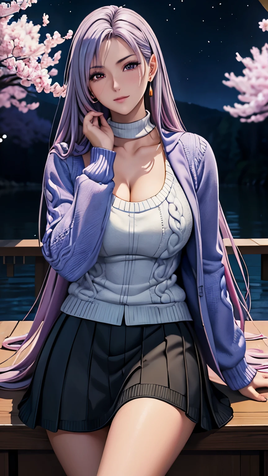 red eyes, (highest quality, masterpiece painting:1.3), immature woman, , (half body shot), masterpiece, ultra high resolution, (Photoreal:1.0), light purple hair,straight hair, beautiful shining hair, white and shining skin, ((Ultra realistic details)), octane rendering, highly detailed face, (big breasts:0.8), (make a heart with hands), (Attractive delicate design river trimmed lace dress,  (((Knitted sweater:1.5, Jumper skirt:1.2, Down jacket))), White cherry blossom embroidery pattern, silver earrings,（milky way galaxy), Hair flutters under the influence of the wind, Japanese garden with beautiful cherry blossoms at night, Mysterious night sky, Beautiful Landscapes, sharp focus, intricate details, professional artwork, (bright colors:1.1), bright colors, diffused lighting, digital blending, ultra-definition body, ultra detail hair, super detailed face, that&#39;It&#39;s trending on pixiv, top button open, Cute gaze, compensate, perfect lips, perfect compensate, Ultra-precision coating, (light_smile:0.8), (Very embarrassed:1.2), blush your nose,