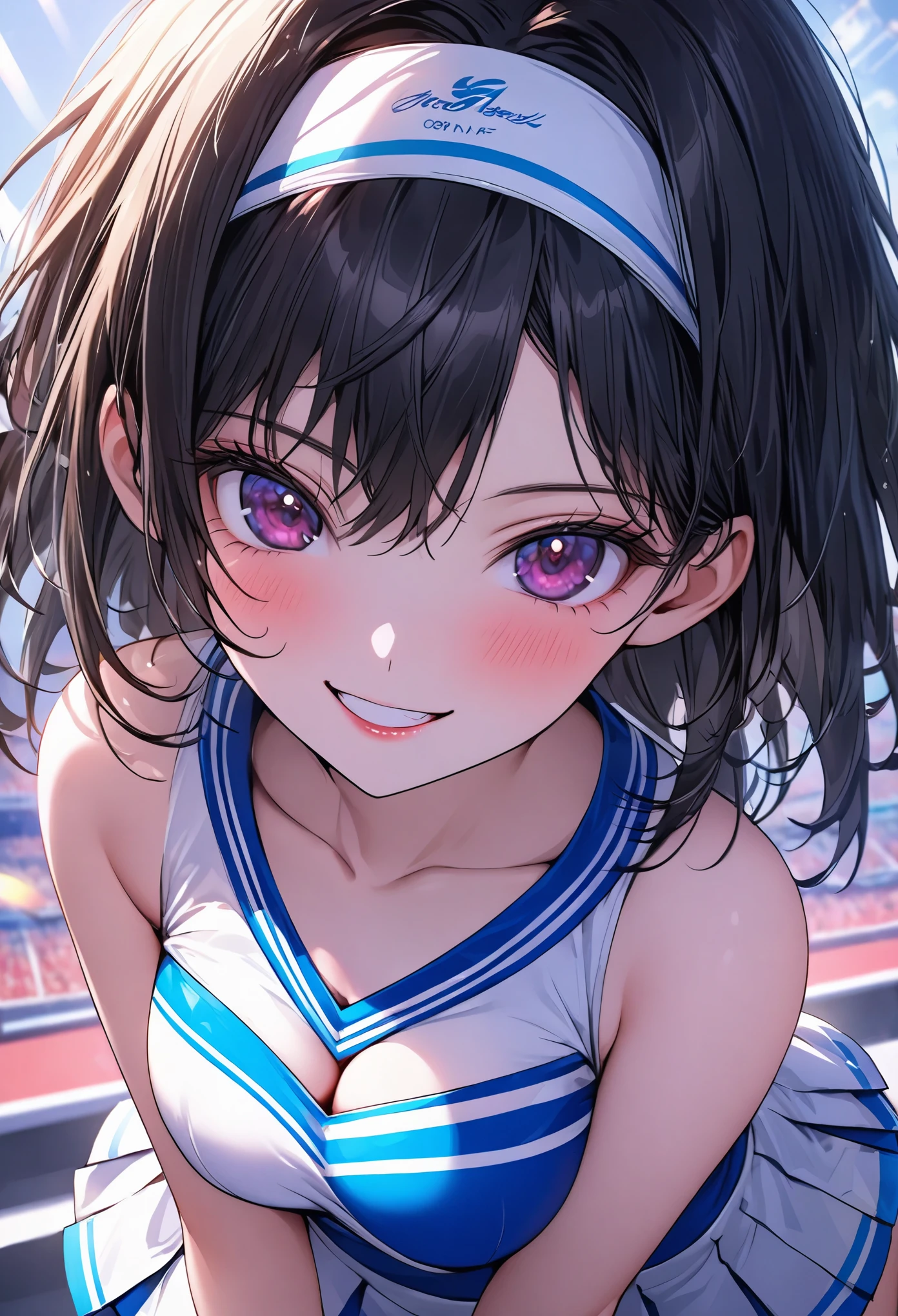 (masterpiece:1.3), (8k、highest quality:1.4), (Best image quality, Intricate details, High resolution, Depth Field, Natural light, Professional Lighting), (1 girl), (alone), (Asian Girl, Very beautiful 18 year old manga girl), (Very beautiful woman、A charming beautiful woman, 美しい銀髪のBobcut, 強い青いeye, 強いeyeのハイライト, Very large breasts, Perfect Anatomy, Dynamic Lighting, Lip gloss), A beautiful face with perfect symmetry, Beautiful detailed woman, Very beautiful detailed face, とても美しい詳細なeye, Smile at the audience, Smiling very happily, Beautiful Teeth, Beautiful Teeth alignment, Very detailed, Very detailed, Beautiful Teeth, Beautiful Teeth alignment, Very detailed, Very detailed, ((Detailed cheerleader:1.2)), The light shines on your face, ((Dynamic pose)), Bobcut, Crossed bangs, Asymmetrical bangs, Long neck, Show me your ears, Vanish'eye, eyelash, cute, Very large breasts、Very beautiful and big, very beautiful breast shape, Beautiful cleavage, Tall Supermodels, Long-legged supermodel, Supermodel dressed as a cheerleader, Strike a Pose, Dressed as a cheerleader, Woman close up, To the camera, Laughter, (Cheerleader Outfits), ((head band, Sleeveless shirt with open chest, flare skirt, mini skirt)), A young and slender gravure idol, Young Gravure Idol, Young Gravure Idol, Stadium background in the daytime