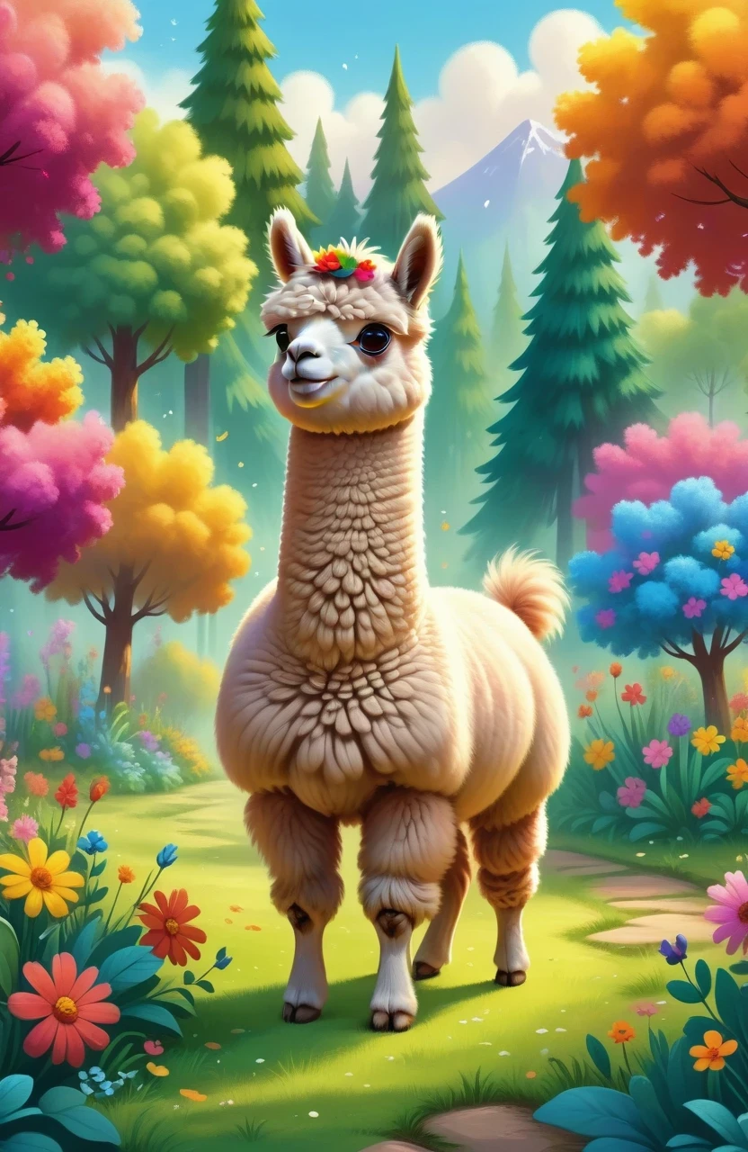 A cute alpaca in a vibrant garden, surrounded by colorful flowers, lush green grass, and tall trees. The alpaca has a fluffy coat, expressive eyes, and a friendly smile. The medium used to create this artwork is a detailed illustration. The additional details include a gentle breeze rustling through the flowers, creating a sense of movement and serenity. The image quality is of the best quality, with ultra-high resolution (4k or 8k) and a photorealistic rendering. The art style is focused on capturing the alpaca's charm and the beauty of nature. The color palette consists of bright and joyful tones, emphasizing the vibrancy of the garden. The lighting is soft and natural, casting a warm glow on the alpaca and its surroundings.