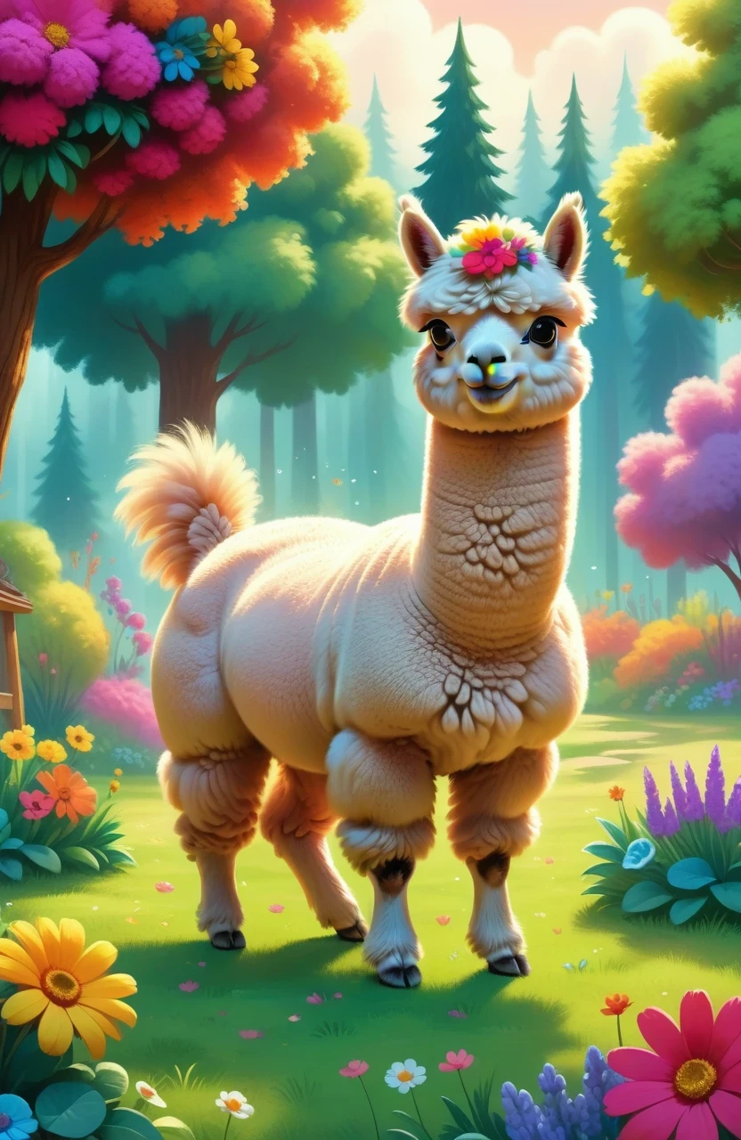 A cute alpaca in a vibrant garden, surrounded by colorful flowers, lush green grass, and tall trees. The alpaca has a fluffy coat, expressive eyes, and a friendly smile. The medium used to create this artwork is a detailed illustration. The additional details include a gentle breeze rustling through the flowers, creating a sense of movement and serenity. The image quality is of the best quality, with ultra-high resolution (4k or 8k) and a photorealistic rendering. The art style is focused on capturing the alpaca's charm and the beauty of nature. The color palette consists of bright and joyful tones, emphasizing the vibrancy of the garden. The lighting is soft and natural, casting a warm glow on the alpaca and its surroundings.