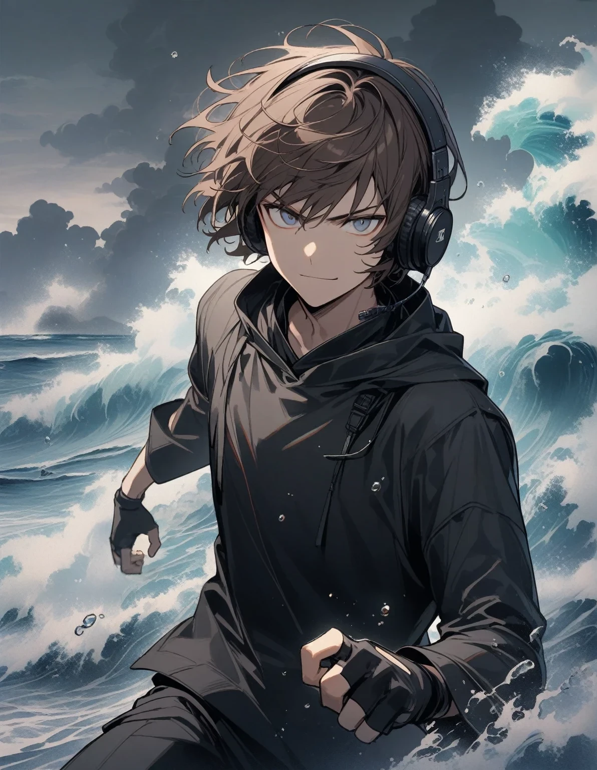 1 guy, looking at the viewer, dark aquamarine eyes, brown hair, short hair, upper body, wearing a black T-shirt, black pants, black fingerless gloves, black raincoat, black headphones, outside near the sea, cloudy, clouds, black clouds, waves, tsunami, water drops, action, serious face, smile, gentle tones