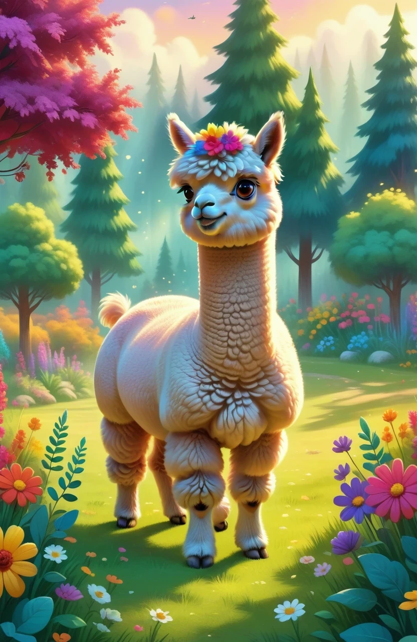 A cute alpaca in a vibrant garden, surrounded by colorful flowers, lush green grass, and tall trees. The alpaca has a fluffy coat, expressive eyes, and a friendly smile. The medium used to create this artwork is a detailed illustration. The additional details include a gentle breeze rustling through the flowers, creating a sense of movement and serenity. The image quality is of the best quality, with ultra-high resolution (4k or 8k) and a photorealistic rendering. The art style is focused on capturing the alpaca's charm and the beauty of nature. The color palette consists of bright and joyful tones, emphasizing the vibrancy of the garden. The lighting is soft and natural, casting a warm glow on the alpaca and its surroundings.