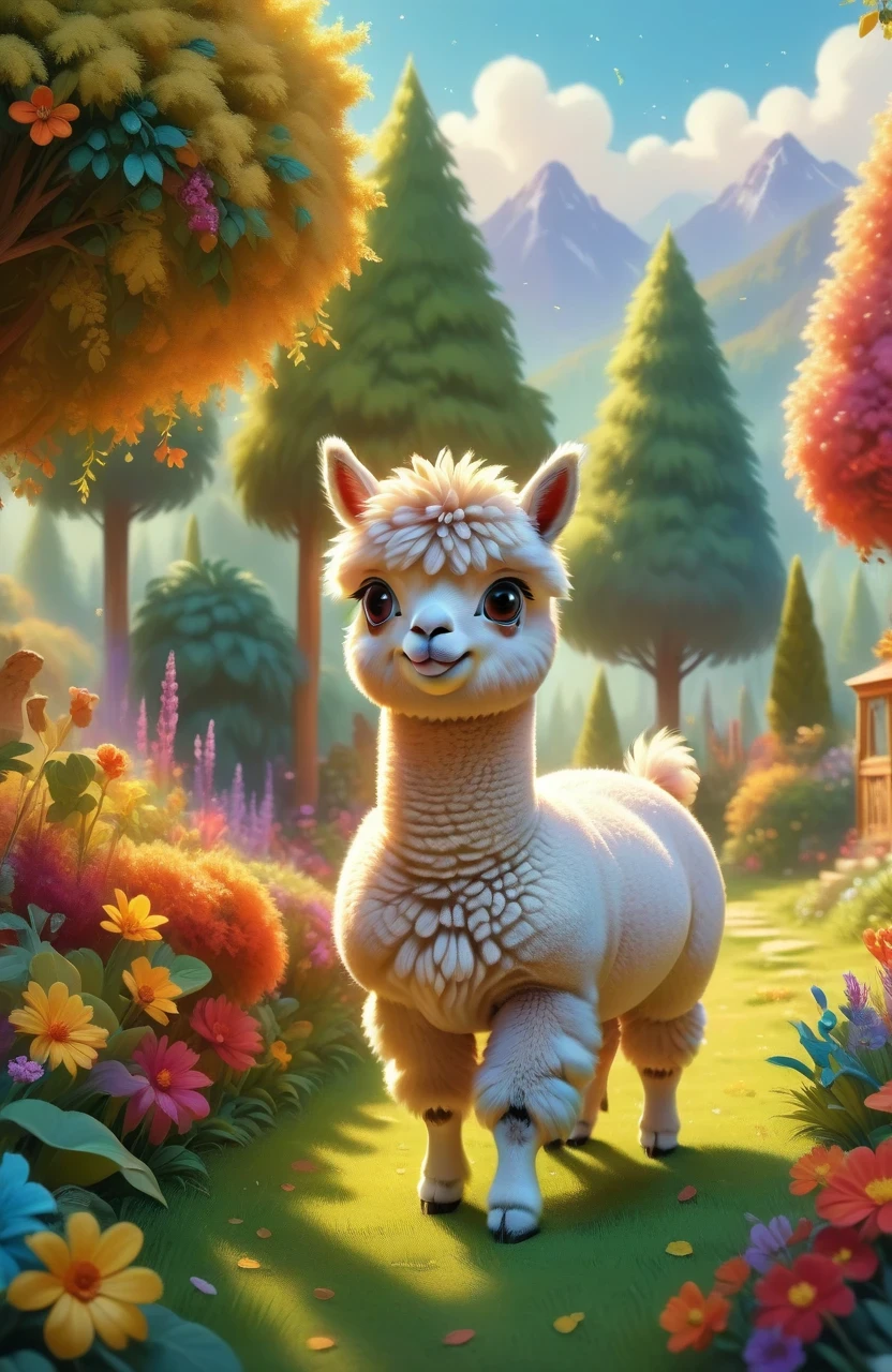 a girl with a playful smile, a cute and fluffy alpaca in a beautiful garden, soft sunlight streaming through the trees, vibrant flowers blooming in full color, lush green grass stretching endlessly, a gentle breeze rustling the leaves, the alpaca's warm and expressive eyes, the girl gently brushing the alpaca's soft fur, capturing the innocence and joy of their companionship, a whimsical touch of surrealism in the background, creating a dreamlike atmosphere, the artwork rendered in a mesmerizing mixture of illustrations and photorealistic painting techniques, showcasing the alpaca's intricate details, every strand of fur and every leaf rendered with utmost precision, vibrant colors that come to life, bringing the scene to a vivid reality, the composition bathed in warm and golden tones, creating a cozy and inviting atmosphere, the lighting casting beautiful shadows and highlights, adding depth and dimension to the artwork. (best quality,4k,8k,highres,masterpiece:1.2),ultra-detailed, (realistic,photorealistic,photo-realistic:1.37), HDR, UHD, studio lighting, ultra-fine painting, sharp focus, physically-based rendering, extreme detail description, professional, vivid colors, bokeh, portraits, landscape, fantasy, dream-like, warmth and coziness, golden tones, whimsical surrealism.